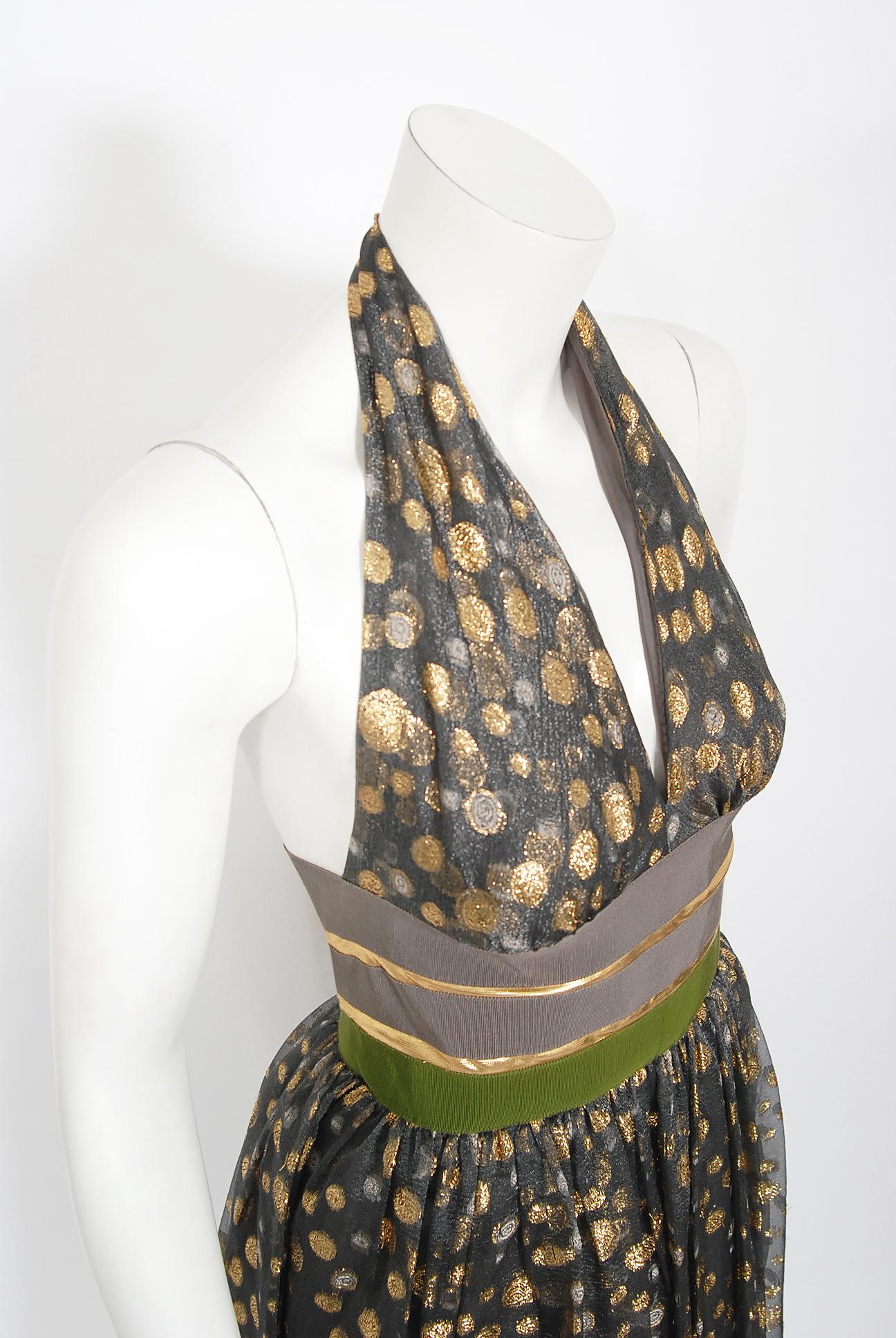 Gray Vintage 1970's Lanvin Couture Metallic Polka-Dot Charcoal Silk Lamé Halter Dress