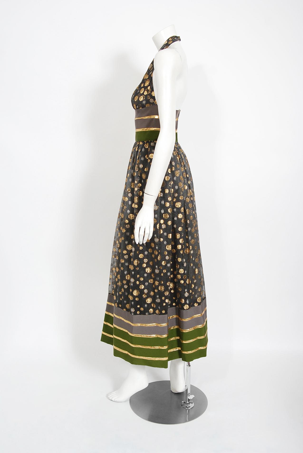 Women's Vintage 1970's Lanvin Couture Metallic Polka-Dot Charcoal Silk Lamé Halter Dress