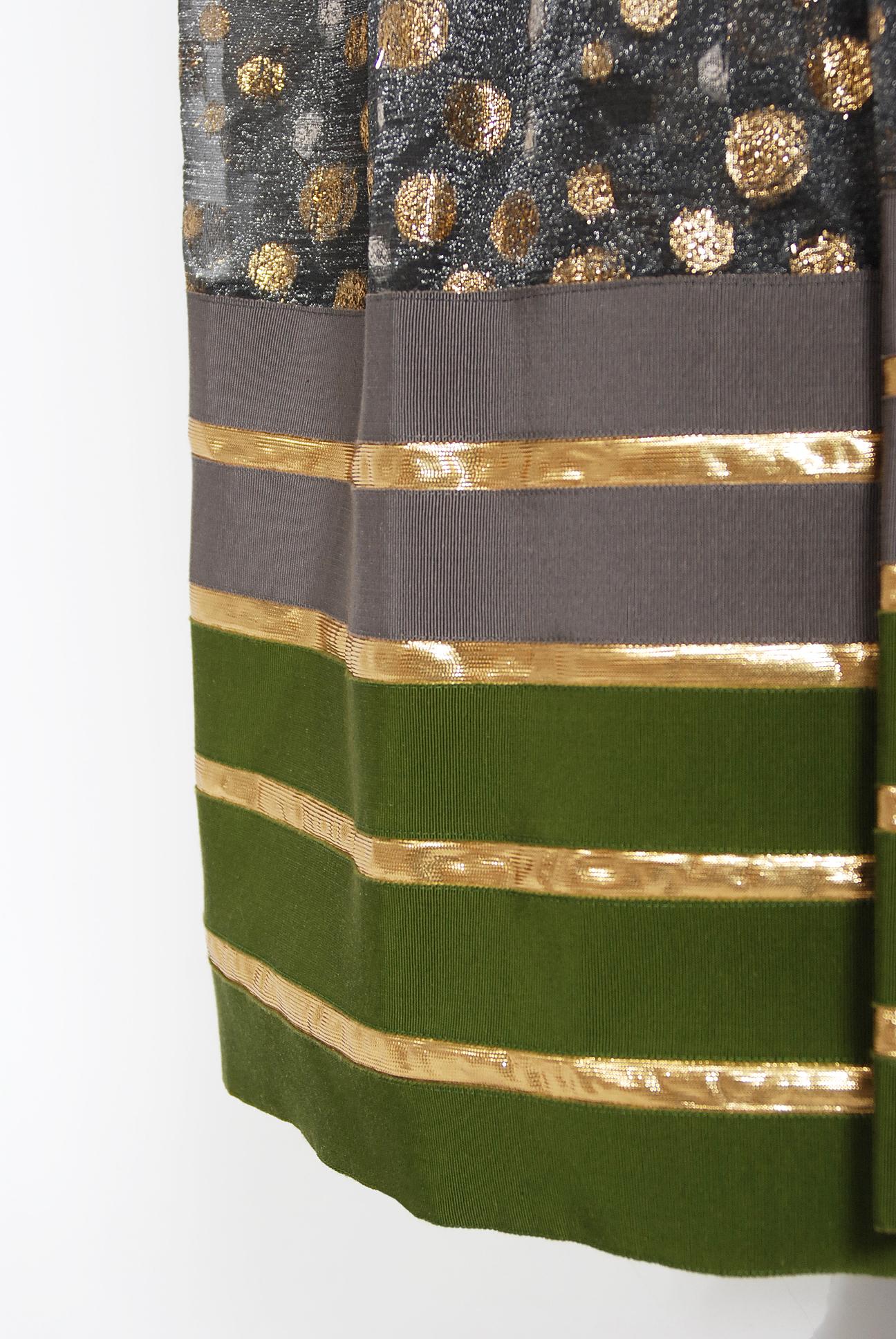 Vintage 1970's Lanvin Couture Metallic Polka-Dot Charcoal Silk Lamé Halter Dress 2