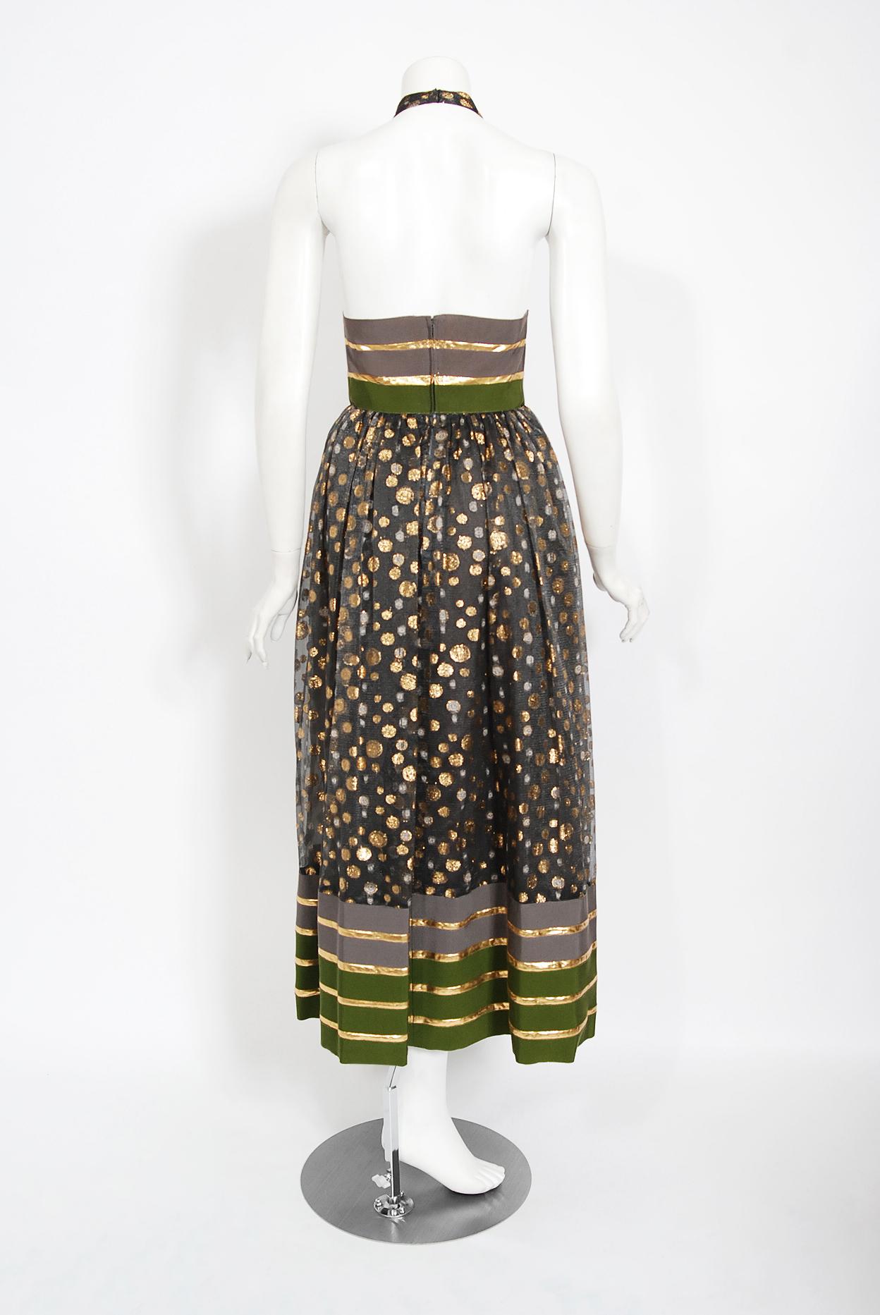 Vintage 1970's Lanvin Couture Metallic Polka-Dot Charcoal Silk Lamé Halter Dress 3