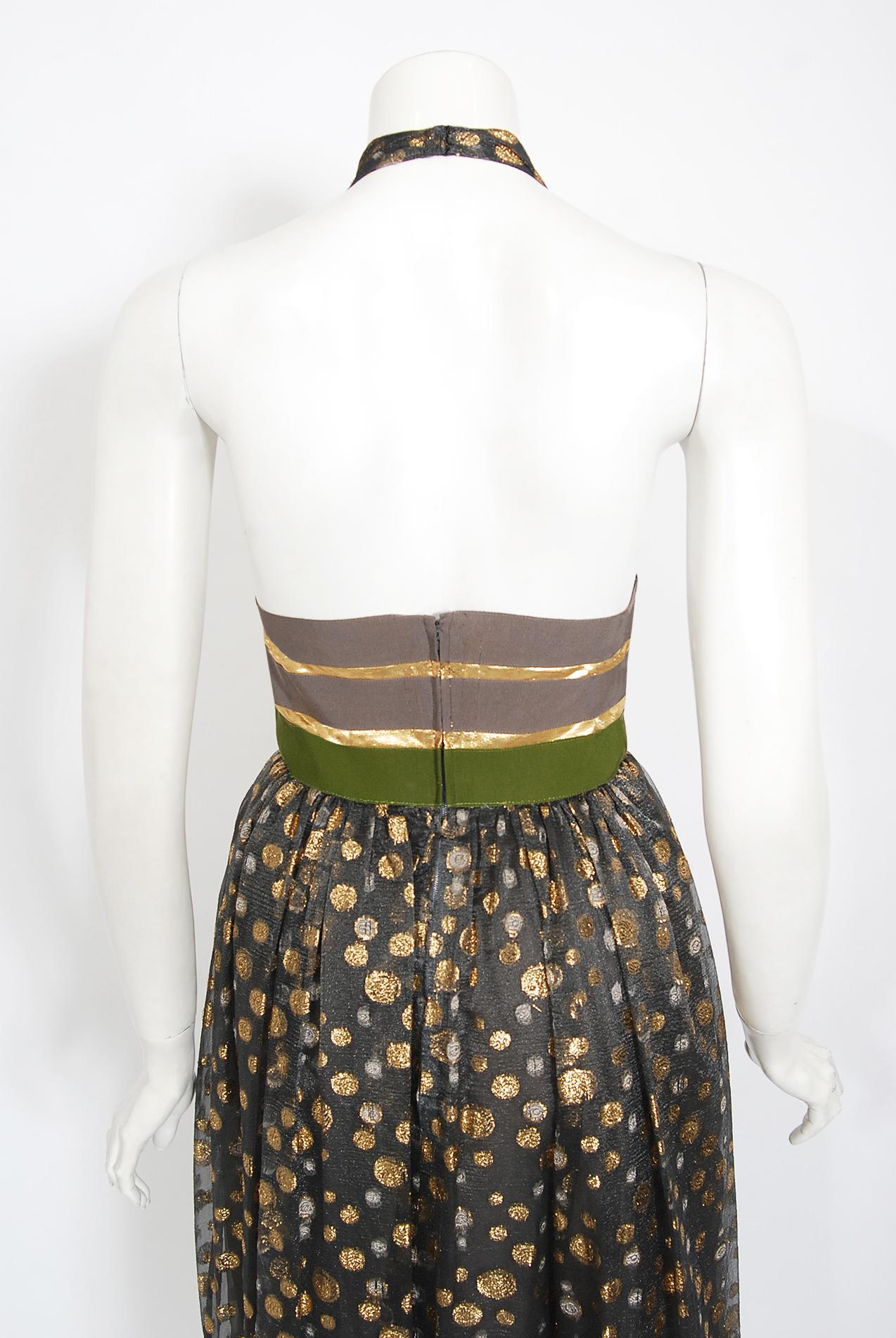 Vintage 1970's Lanvin Couture Metallic Polka-Dot Charcoal Silk Lamé Halter Dress 4