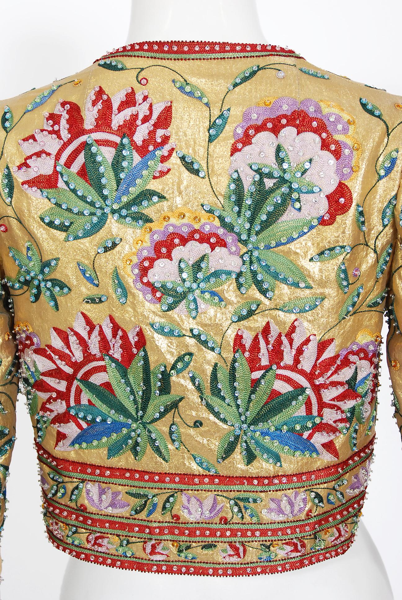 Archival 1979 Lanvin Haute Couture Embroidered Beaded Gold Lamé Cropped Jacket For Sale 3