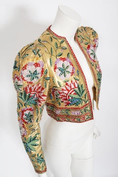 Archival 1979 Lanvin Haute Couture Embroidered Beaded Gold Lamé Cropped Jacket