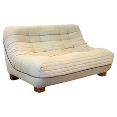 Vintage 1979 Roche Bobois Pantoufle Beige Fabric & Brown Leather Slipper Sofa