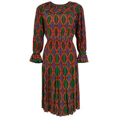Vintage 1970s Yves Saint Laurent YSL Navajo Print Silk Pleated Peasant Dress