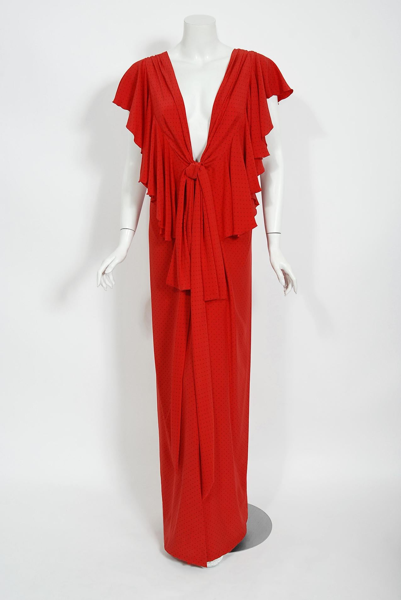 Vintage 1979 Yves Saint Laurent Haute Couture Backless Red Dotted Silk Gown 6