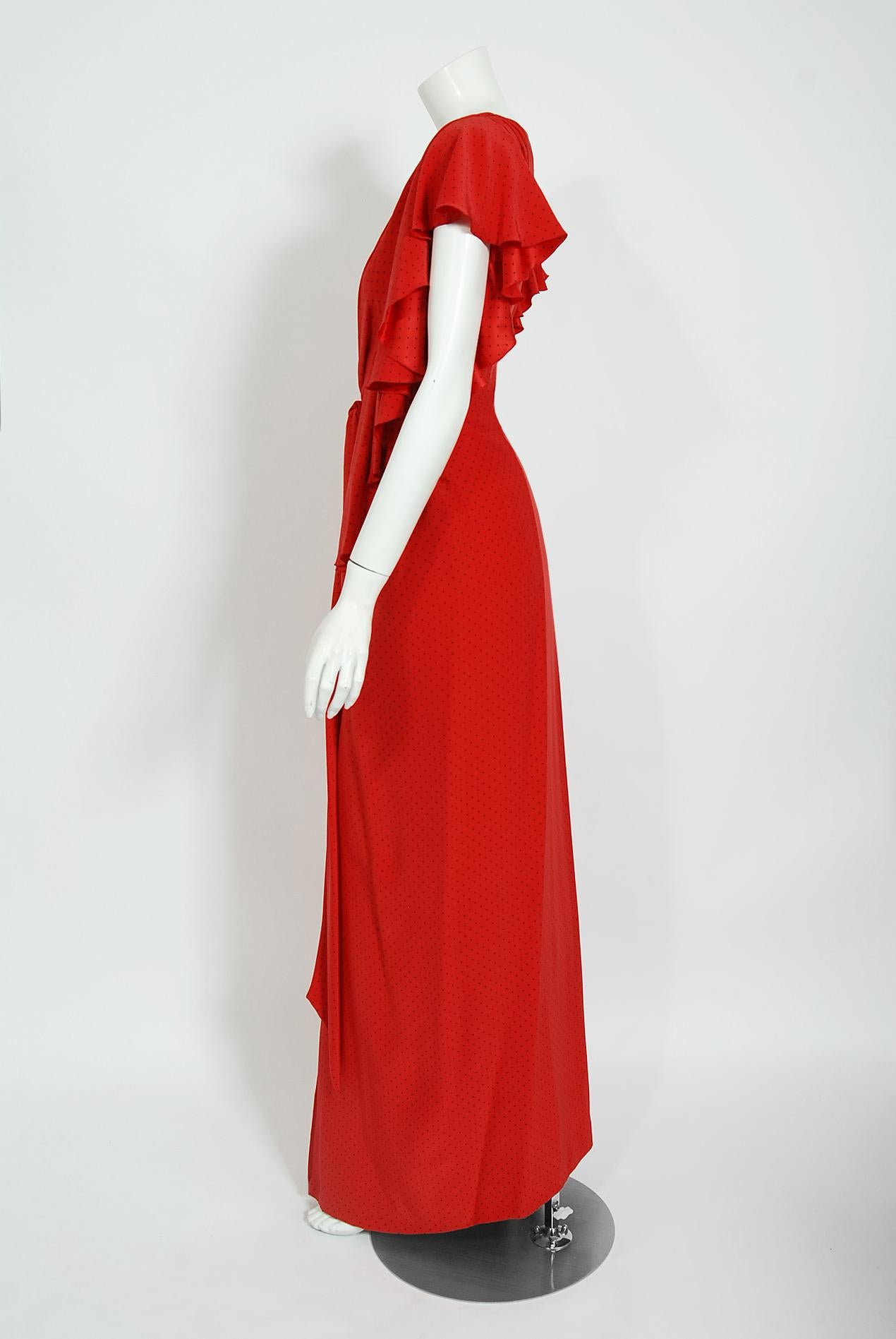 Vintage 1979 Yves Saint Laurent Haute Couture Backless Red Dotted Silk Gown 8
