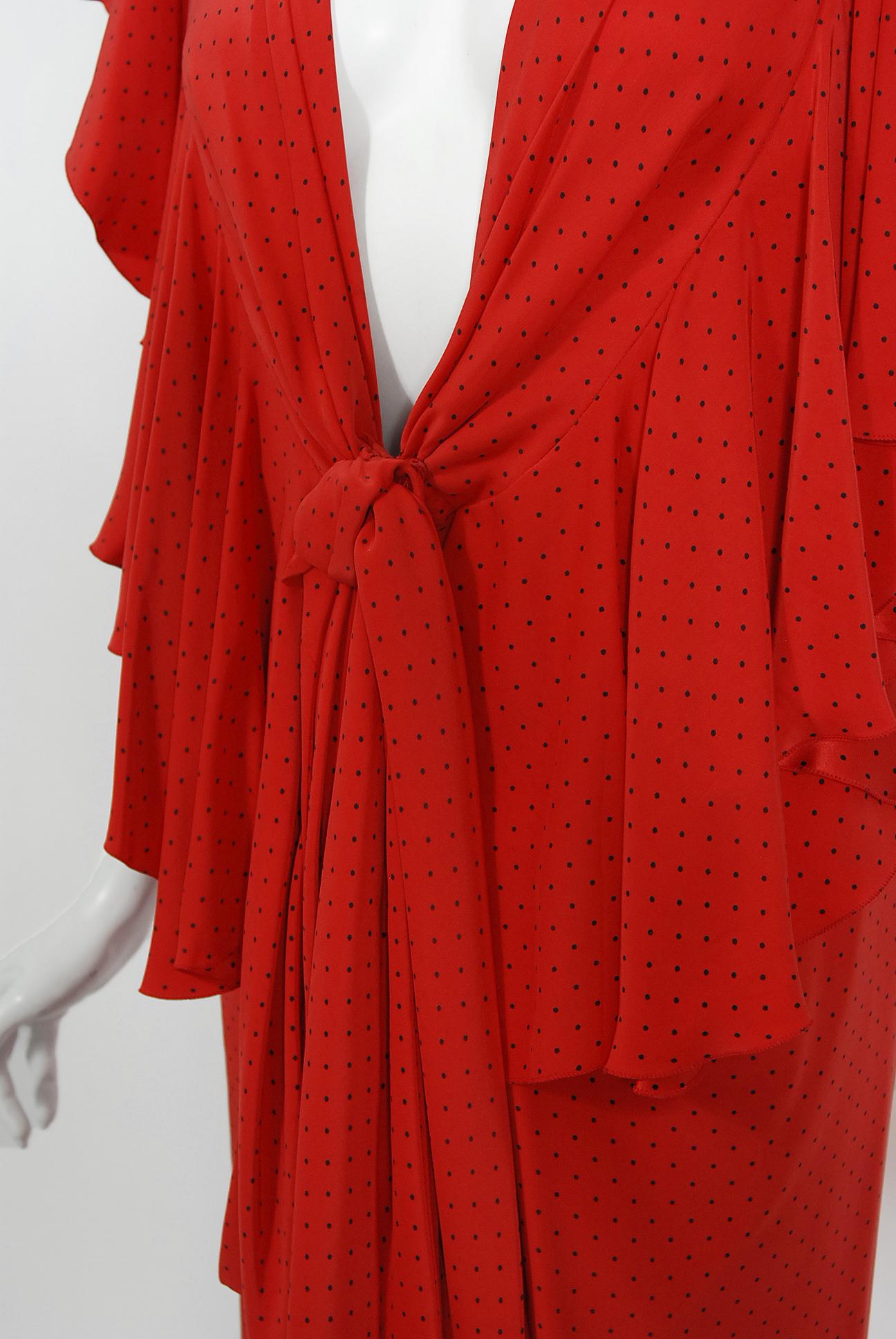 Vintage 1979 Yves Saint Laurent Haute Couture Backless Red Dotted Silk Gown 9