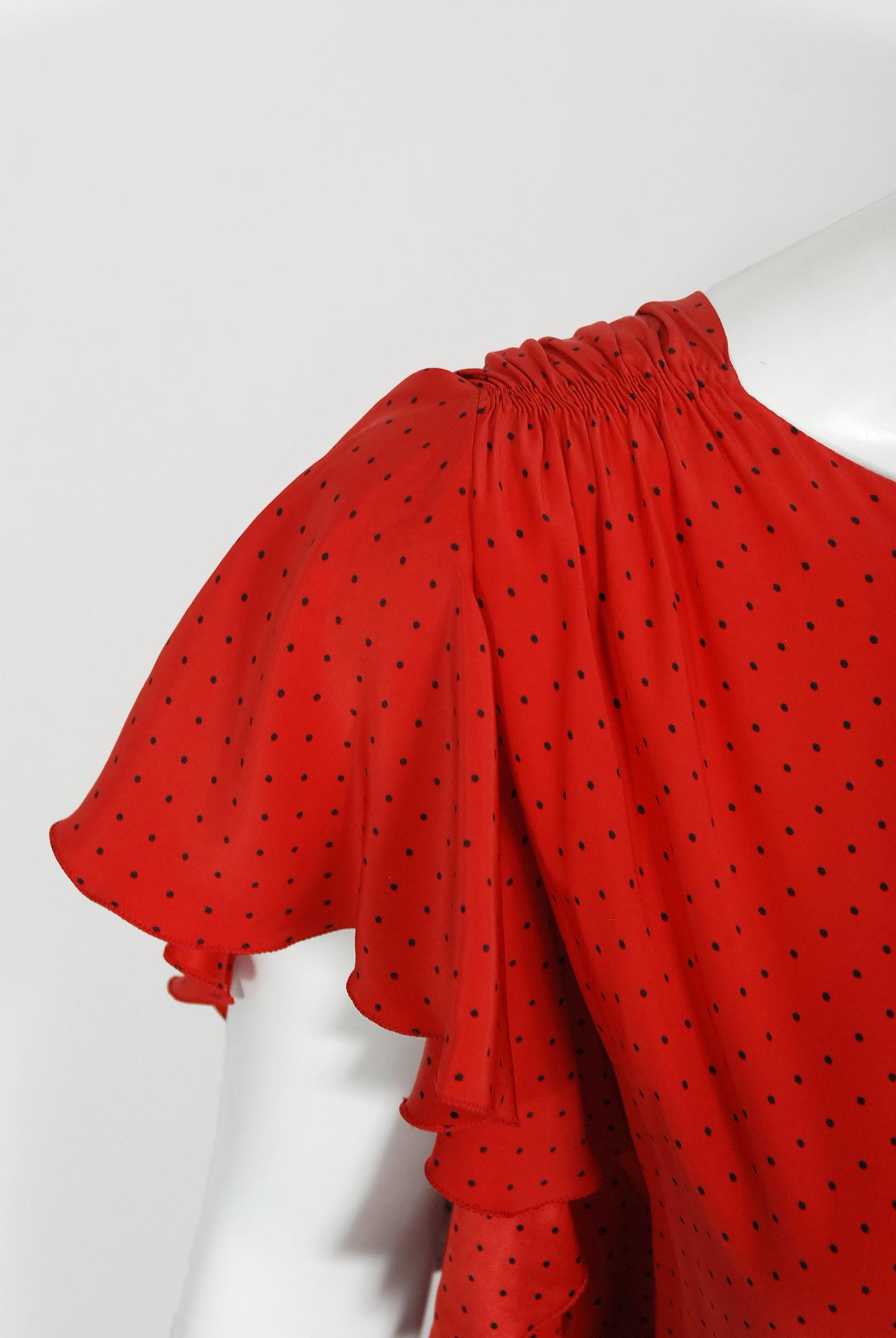 Women's Vintage 1979 Yves Saint Laurent Haute Couture Backless Red Dotted Silk Gown