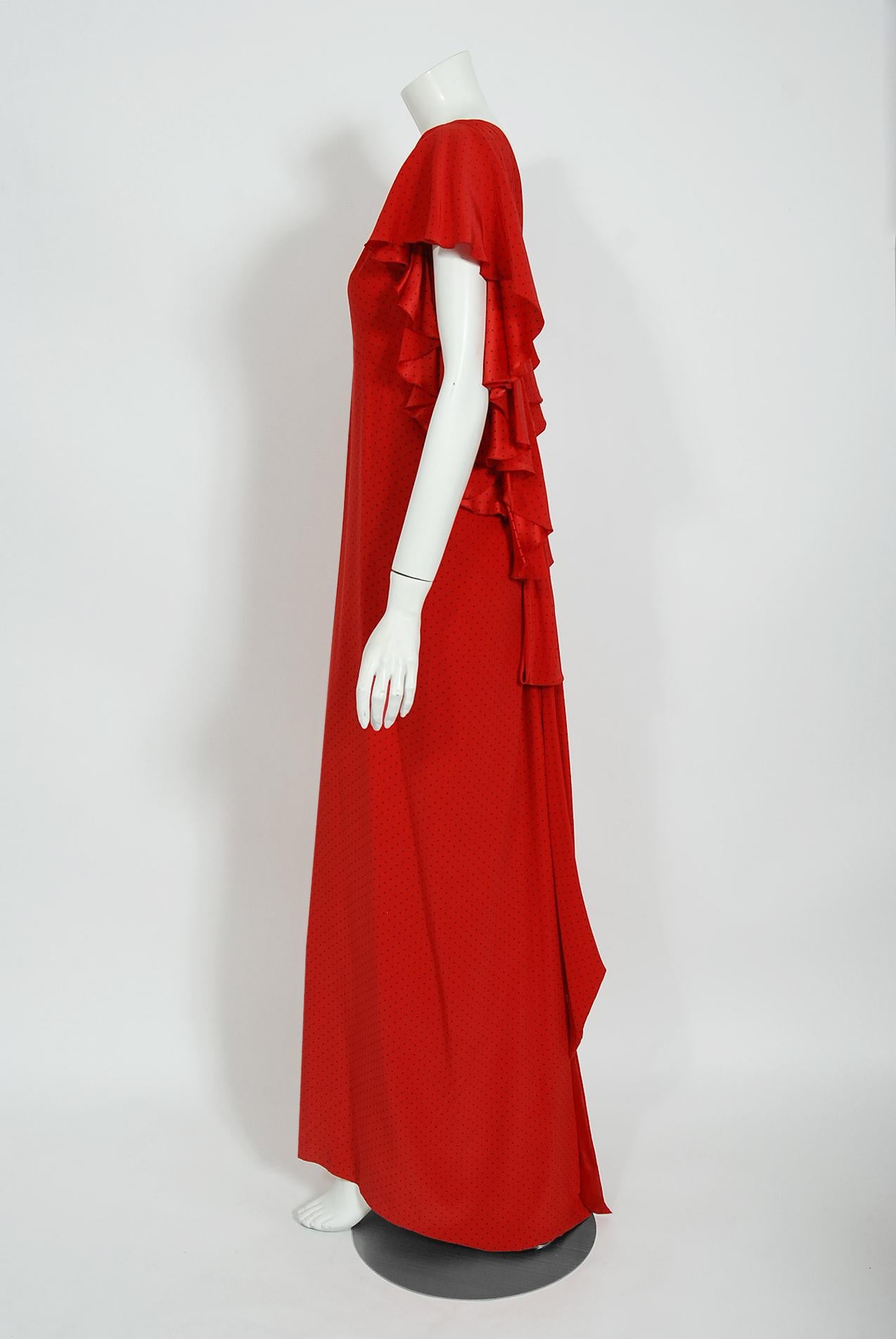 Vintage 1979 Yves Saint Laurent Haute Couture Backless Red Dotted Silk Gown 1