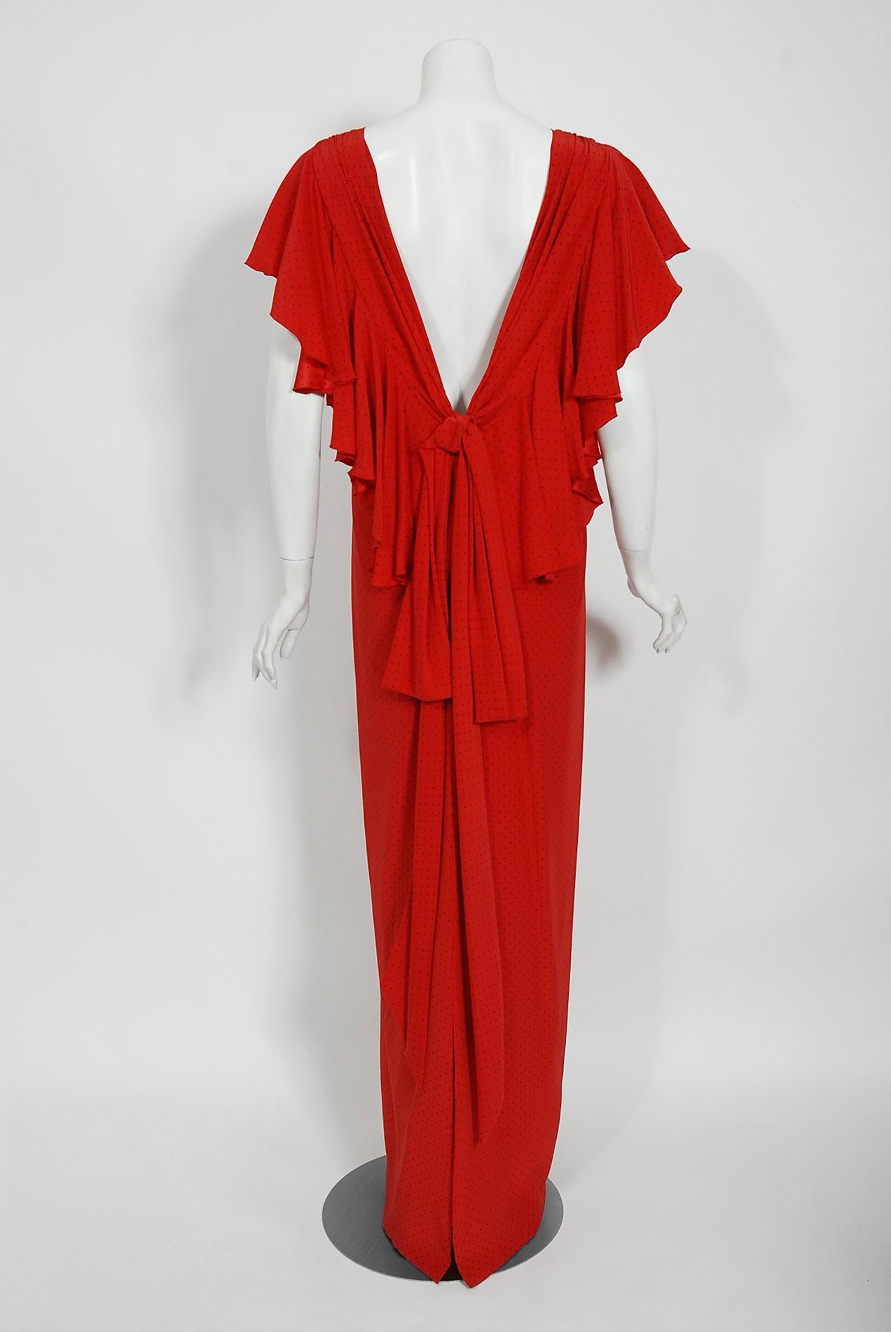 Vintage 1979 Yves Saint Laurent Haute Couture Backless Red Dotted Silk Gown 3