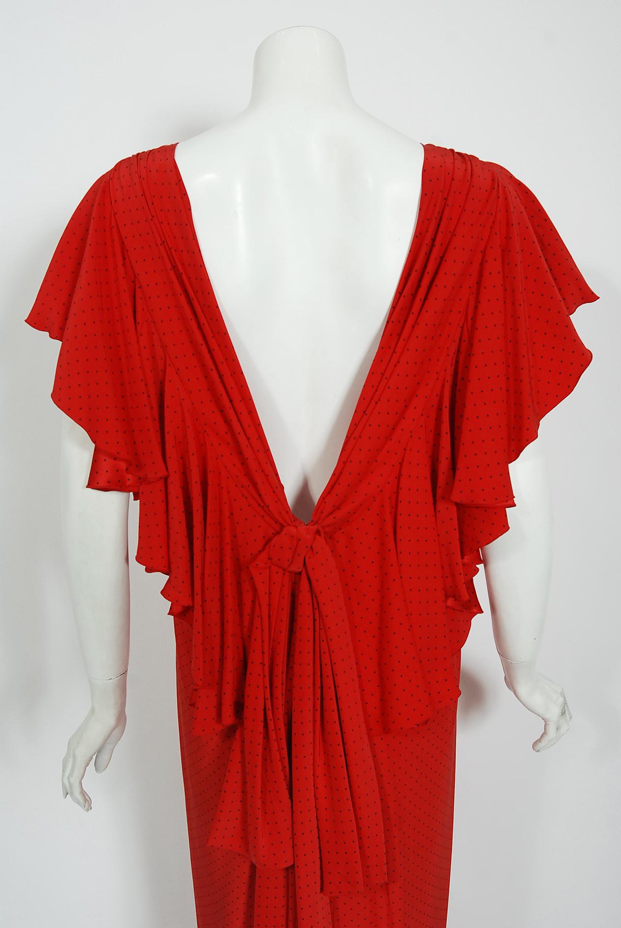 Vintage 1979 Yves Saint Laurent Haute Couture Backless Red Dotted Silk Gown 4