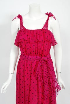 Vintage 1979 Yves Saint Laurent Shocking Pink Polka Dot Silk Sash Maxi Dress