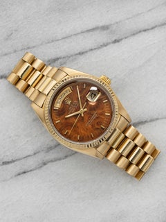 Rolex Day-Date 18038 d'epoca del 1980, oro giallo 18 carati, quadrante Wood, automatico 36 mm