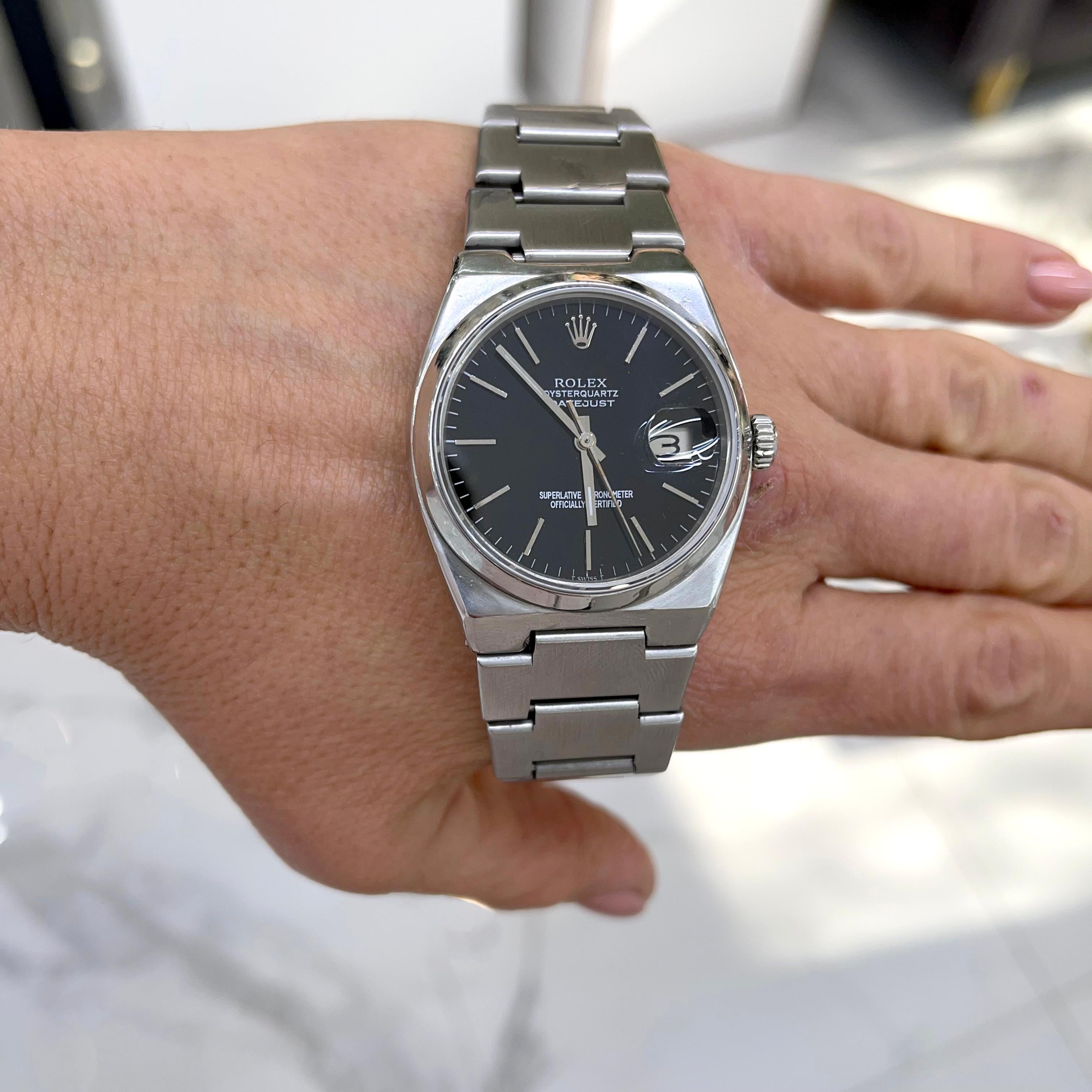 Men's Vintage 1980 Rolex Oyster Quartz Datejust 36MM Black Dial Stainless Steel Watch