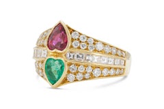 Vintage 1980s 1.00 Carat Ruby & 0.90 Carat Emerald Hearts Ring with Diamonds