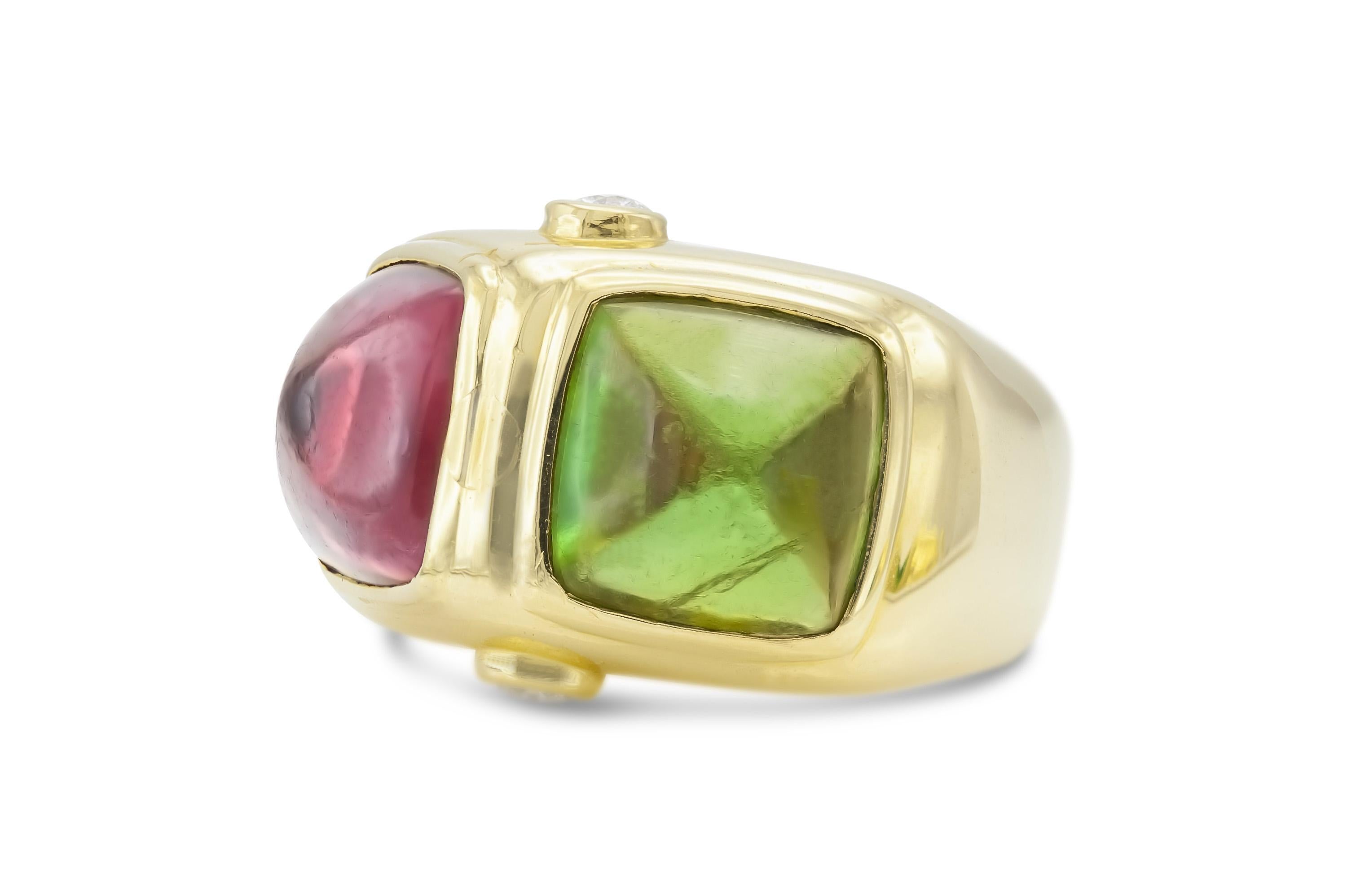 Vintage 1980er Jahre 12,00 Karat Roter und grüner Zuckerhut-Turmalinen-Ring mit Zuckerhut-Schliff (Kegel-Cabochon) im Angebot