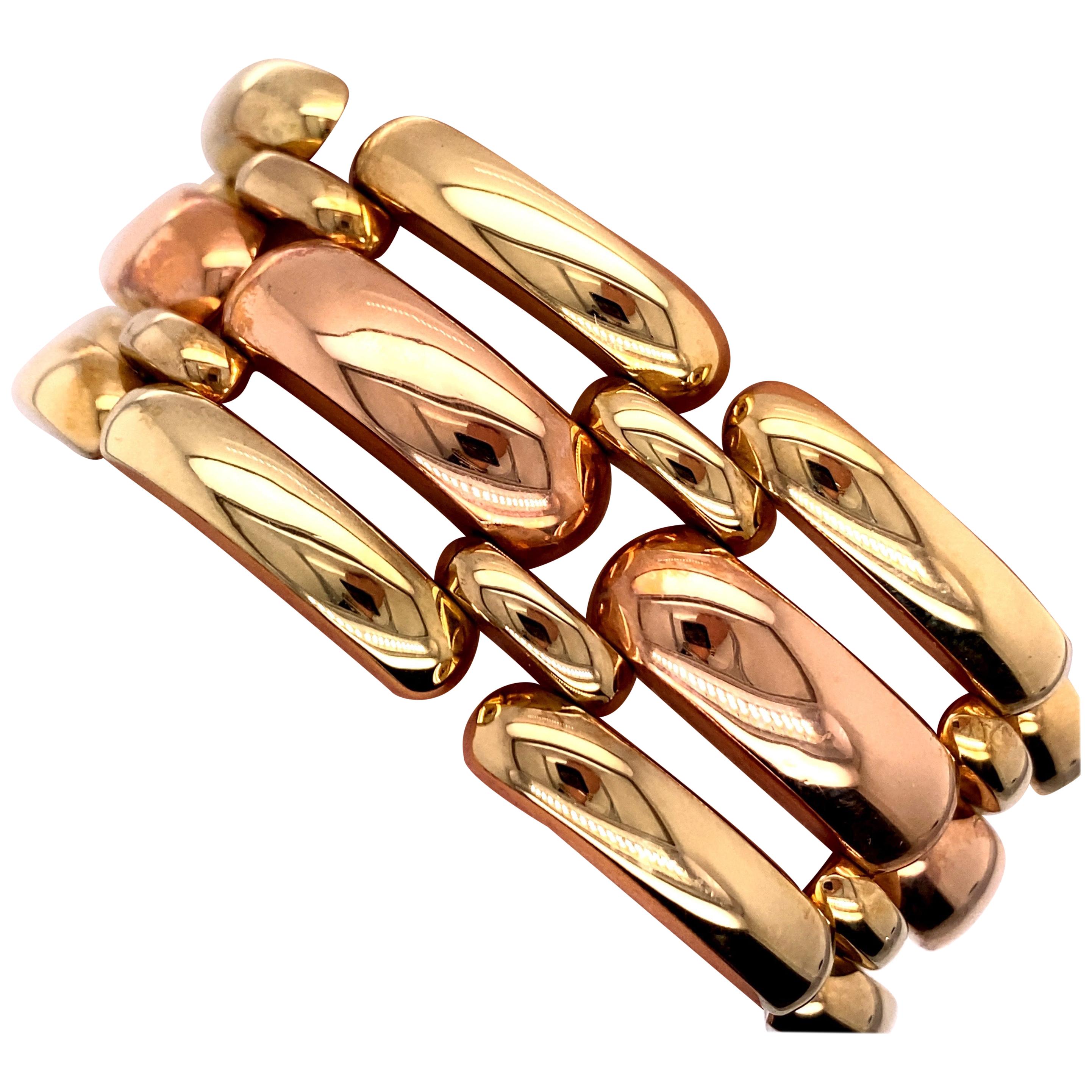 Vintage 1980s 14 Karat Rose Gold and Green Gold Wide Link Bracelet