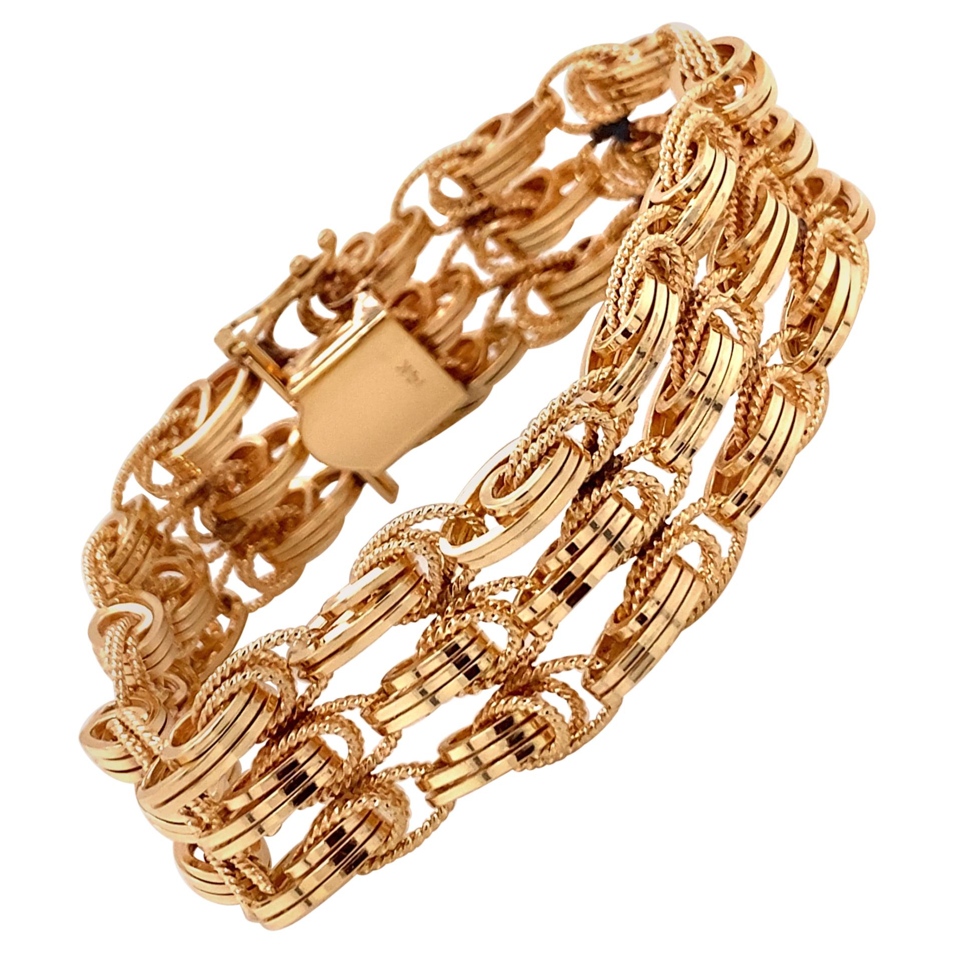 Vintage 1980s 14 Karat Yellow Gold 3-Row Wide Link Bracelet For Sale