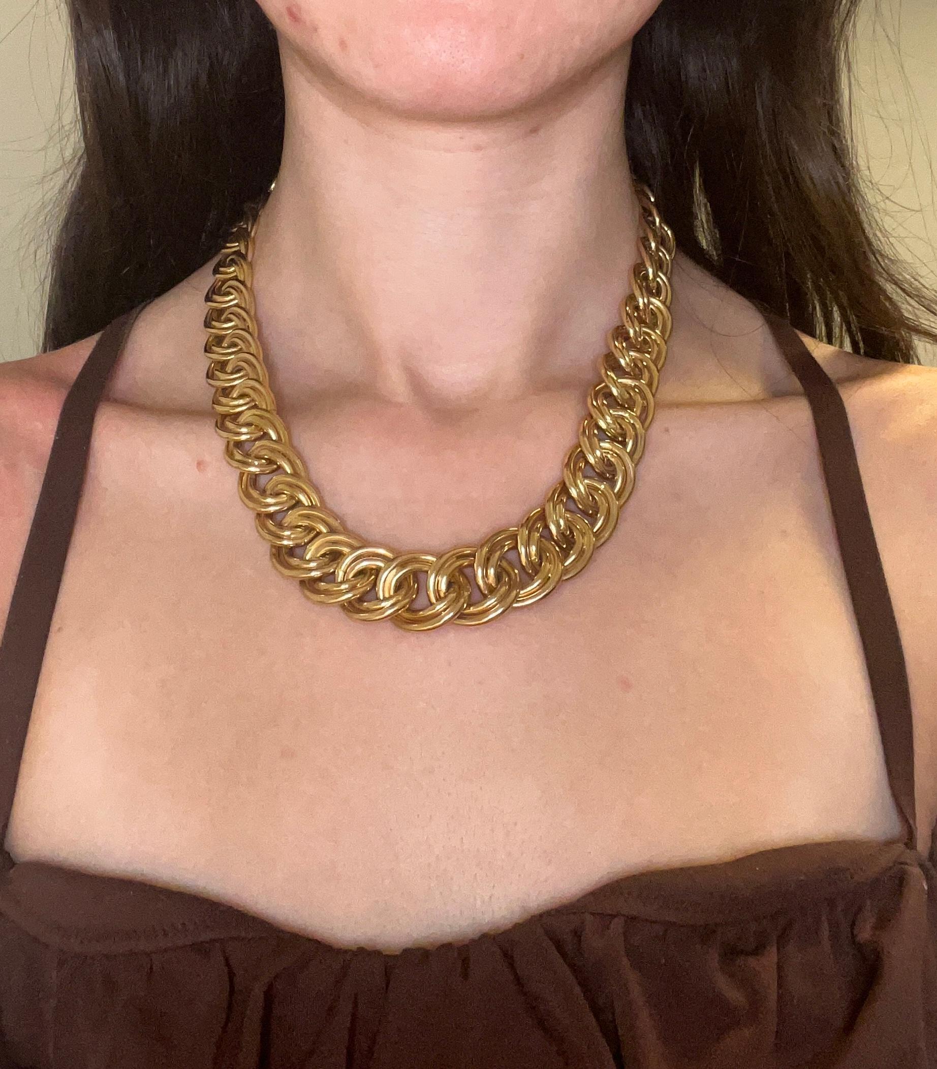 Collier à double câble italien vintage à maillons larges en or jaune 14 carats, années 1980 Pour femmes en vente