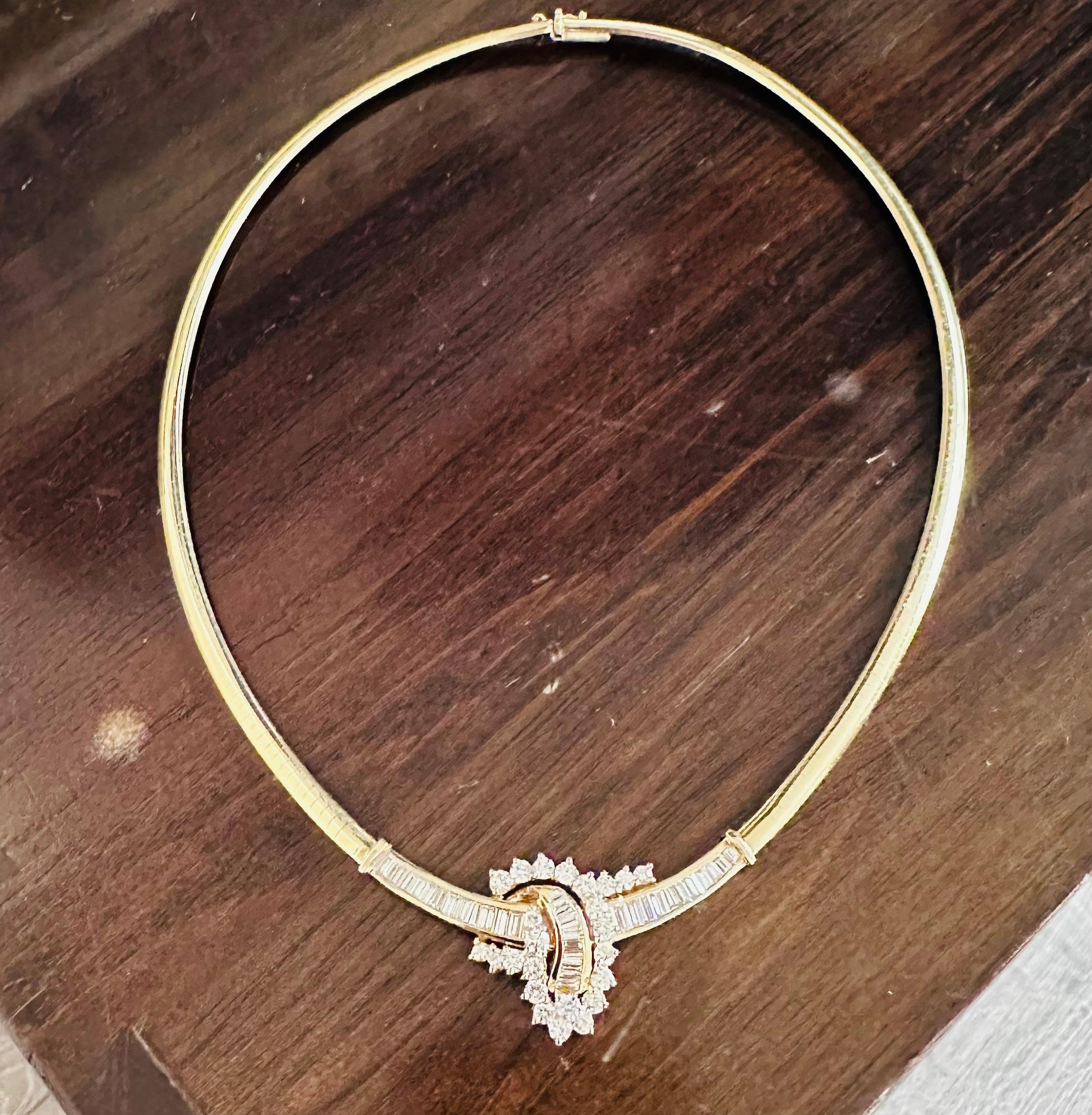 Brilliant Cut Vintage 1980's 14 karat yellow gold omega necklace with diamonds