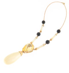 Vintage 1980s 14K Gold Citrine Agate & Mother-of-Pearl Statement Necklacace