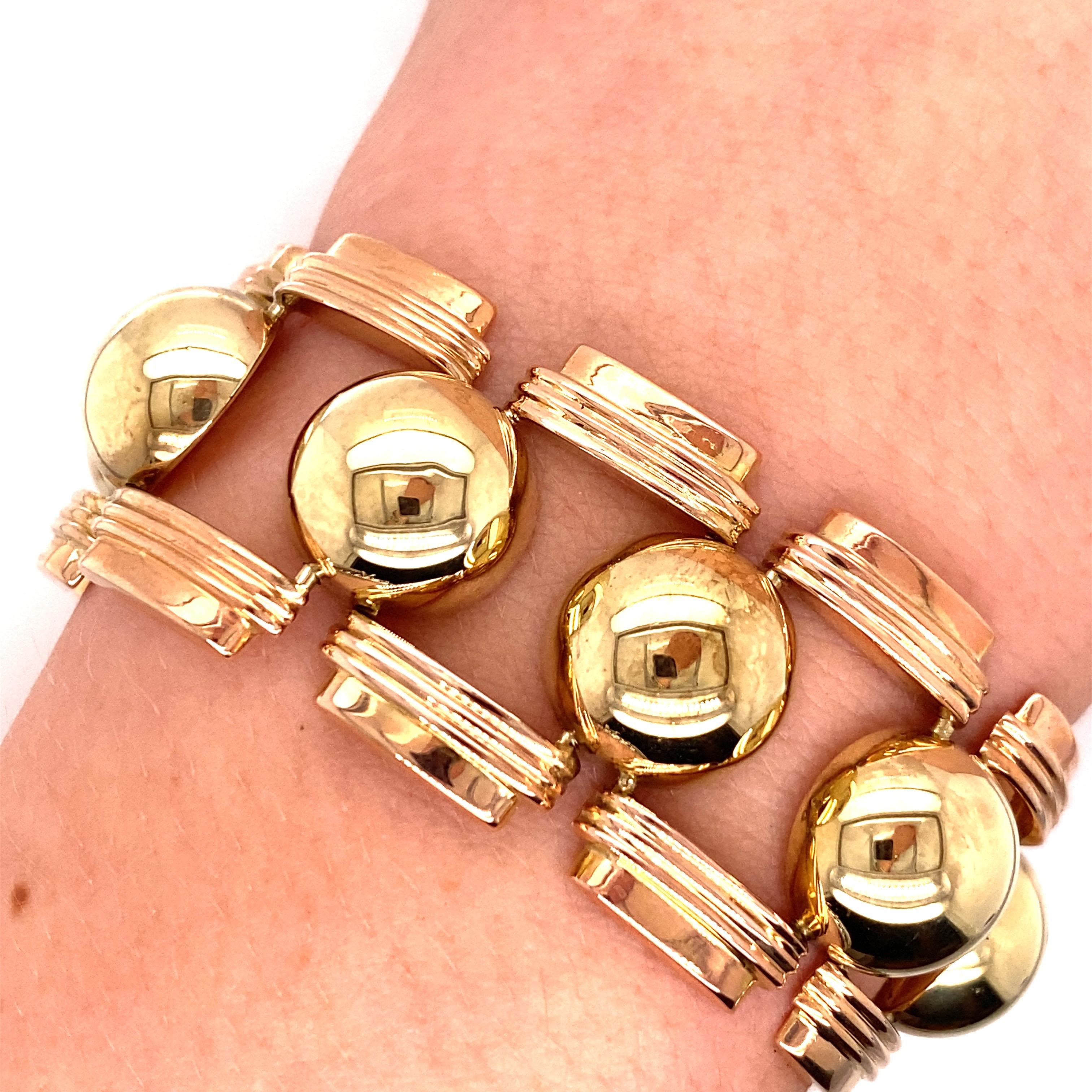 Vintage 1980's 14K Rose and Yellow Gold Wide Link Bracelet In Good Condition For Sale In Boston, MA