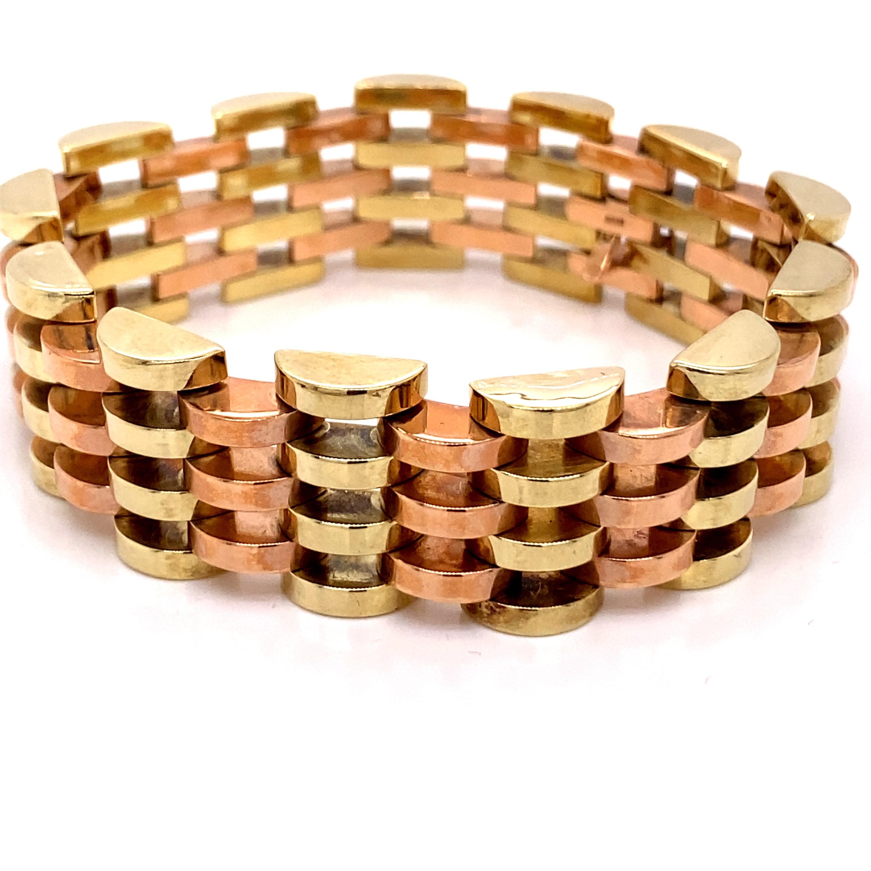 Vintage 1980s 14K Rose Gold und Grüngold Wide Link Bracelet - Das Armband misst 7,5 Zoll lang und 0,75 Zoll breit und verfügt über einen versteckten Verschluss für einen kontinuierlichen Stil. Das Gewicht des Armbands beträgt 46.40 Gramm.