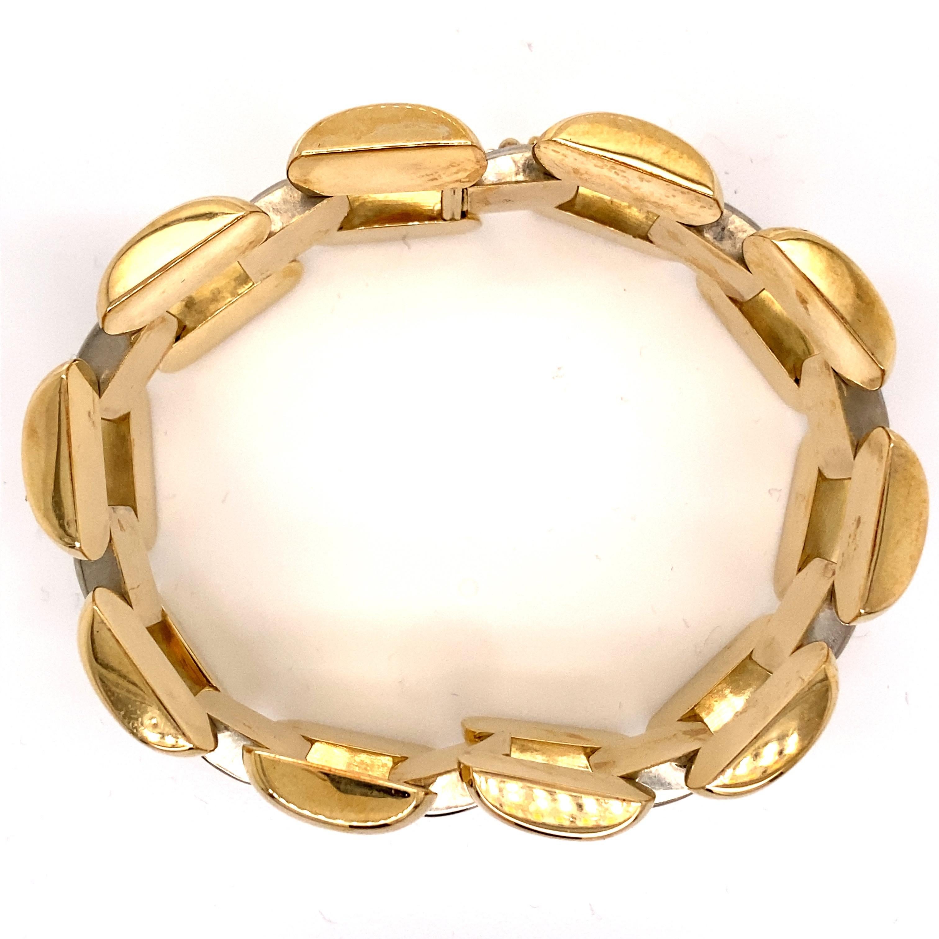 Modern Vintage 1980s 14 Karat Yellow and White Gold Wide Bracelet For Sale