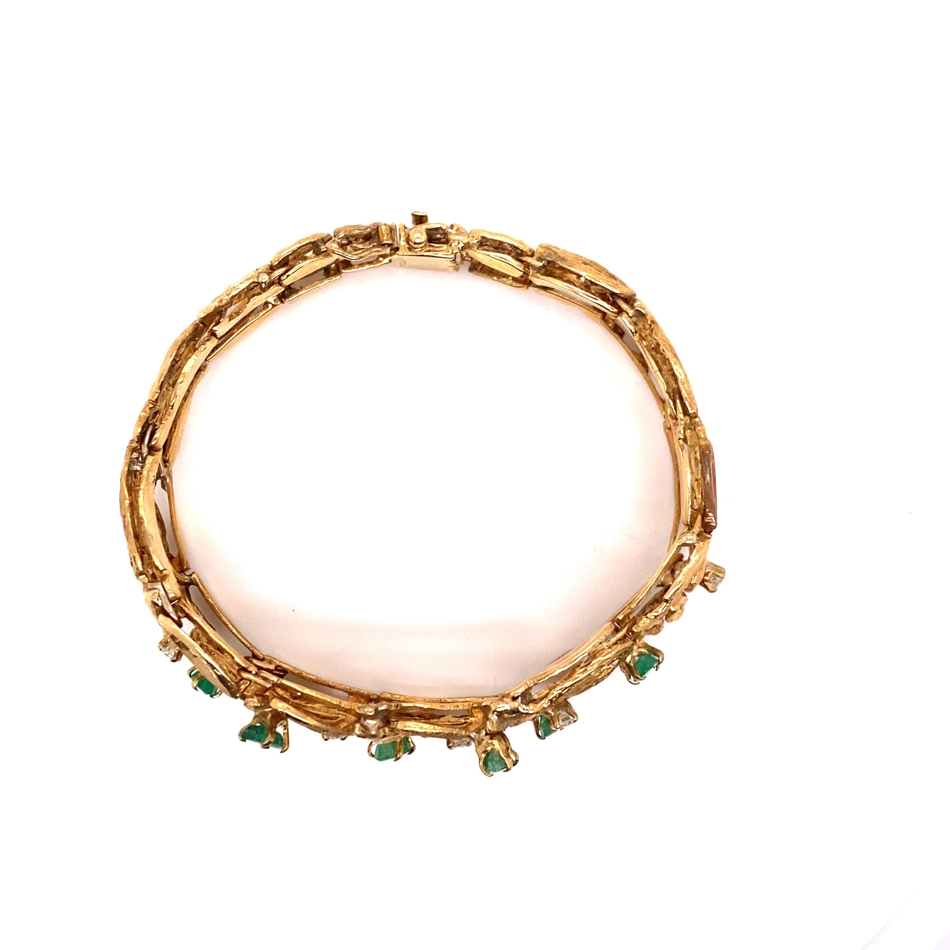 Marquise Cut Vintage 1980's 14K Yellow Gold Bracelet with Emeralds and Diamonds For Sale
