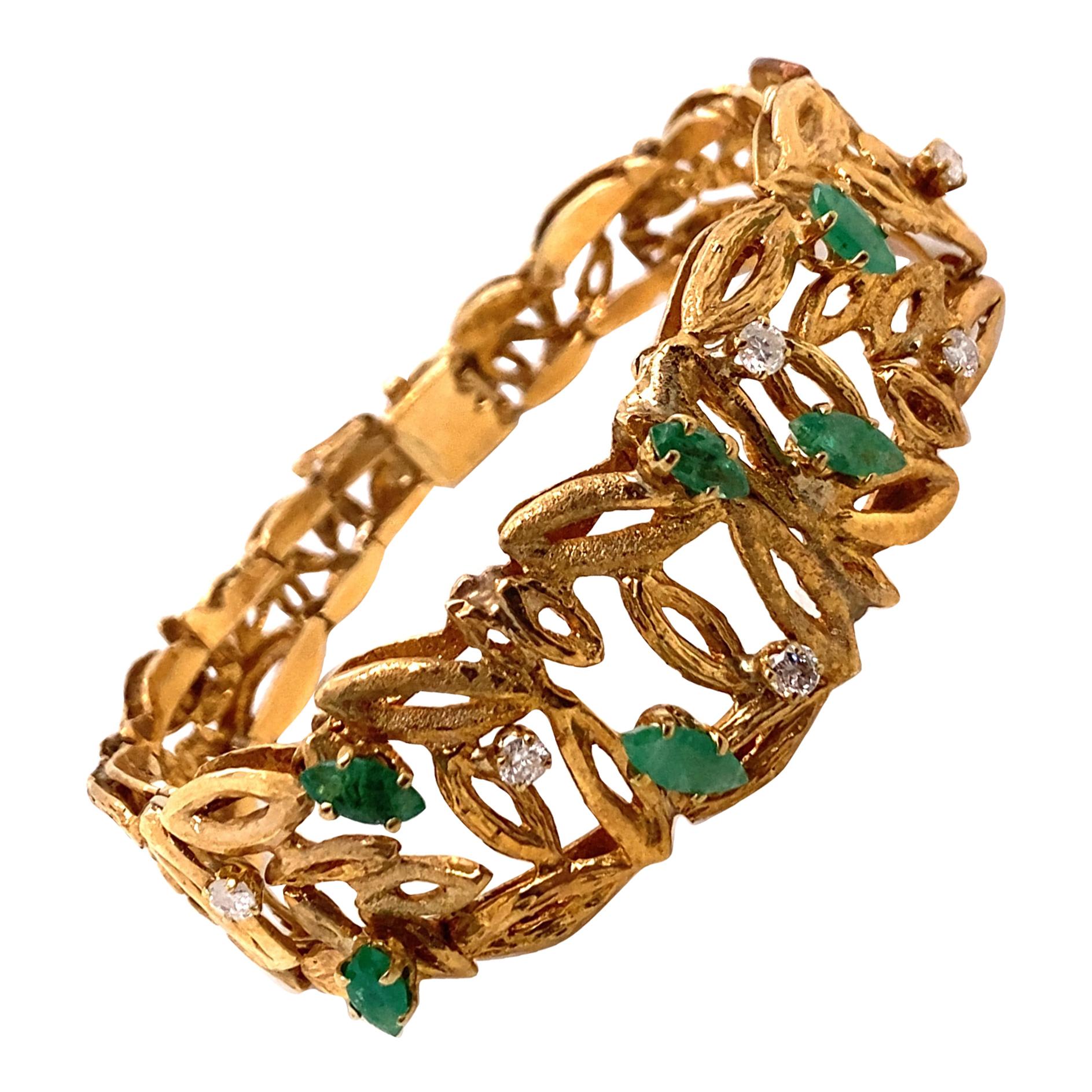 Vintage 1980's 14K Yellow Gold Bracelet with Emeralds and Diamonds