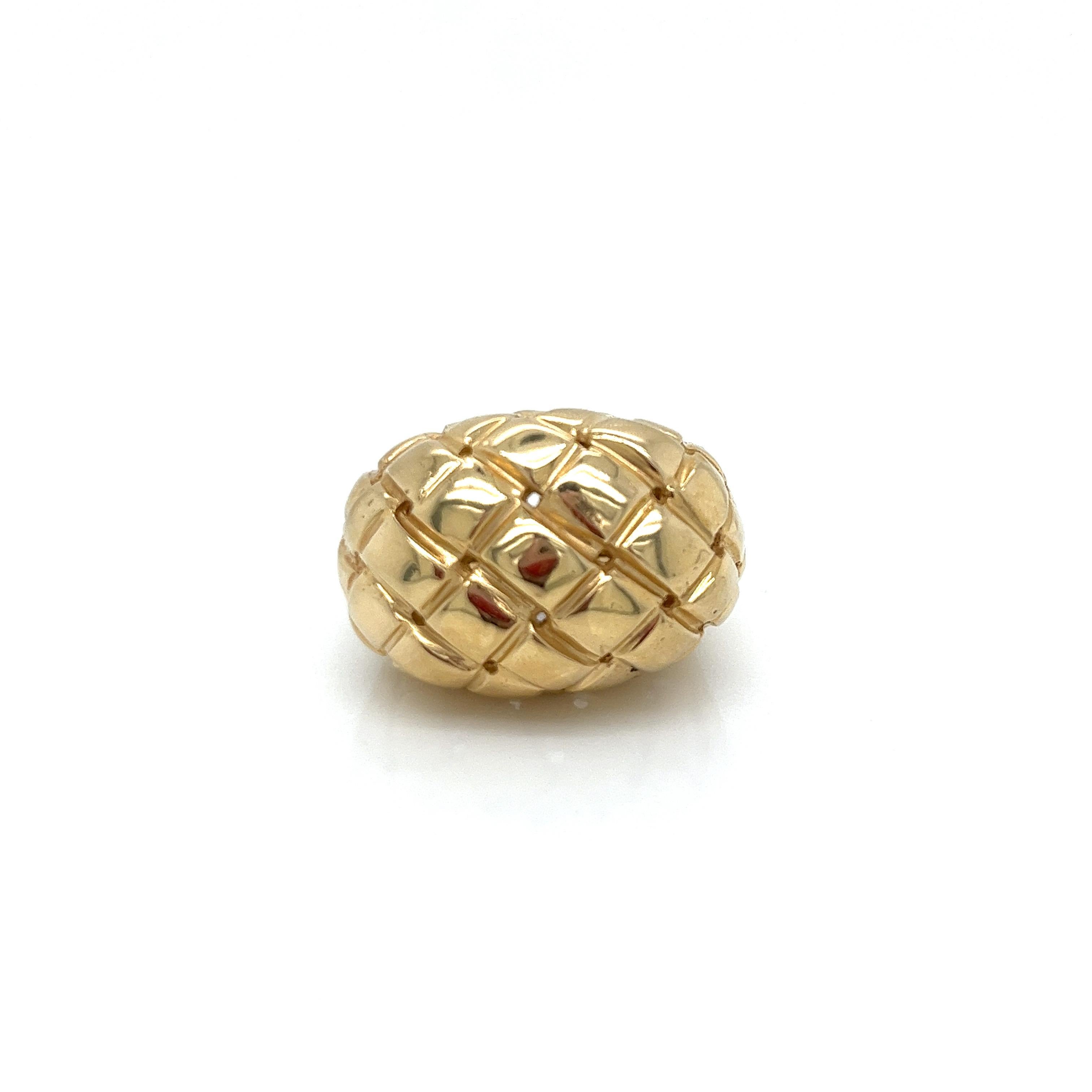 Vintage 1980's 14k Yellow Gold Dome Basket Weave Statement Ring. The basket weave design top of the ring measures 26mm x 18mm and 13mm high off the finger. The bandon the side measures 11mm and tapers down to 5.1mm wide on the bottom. The ring