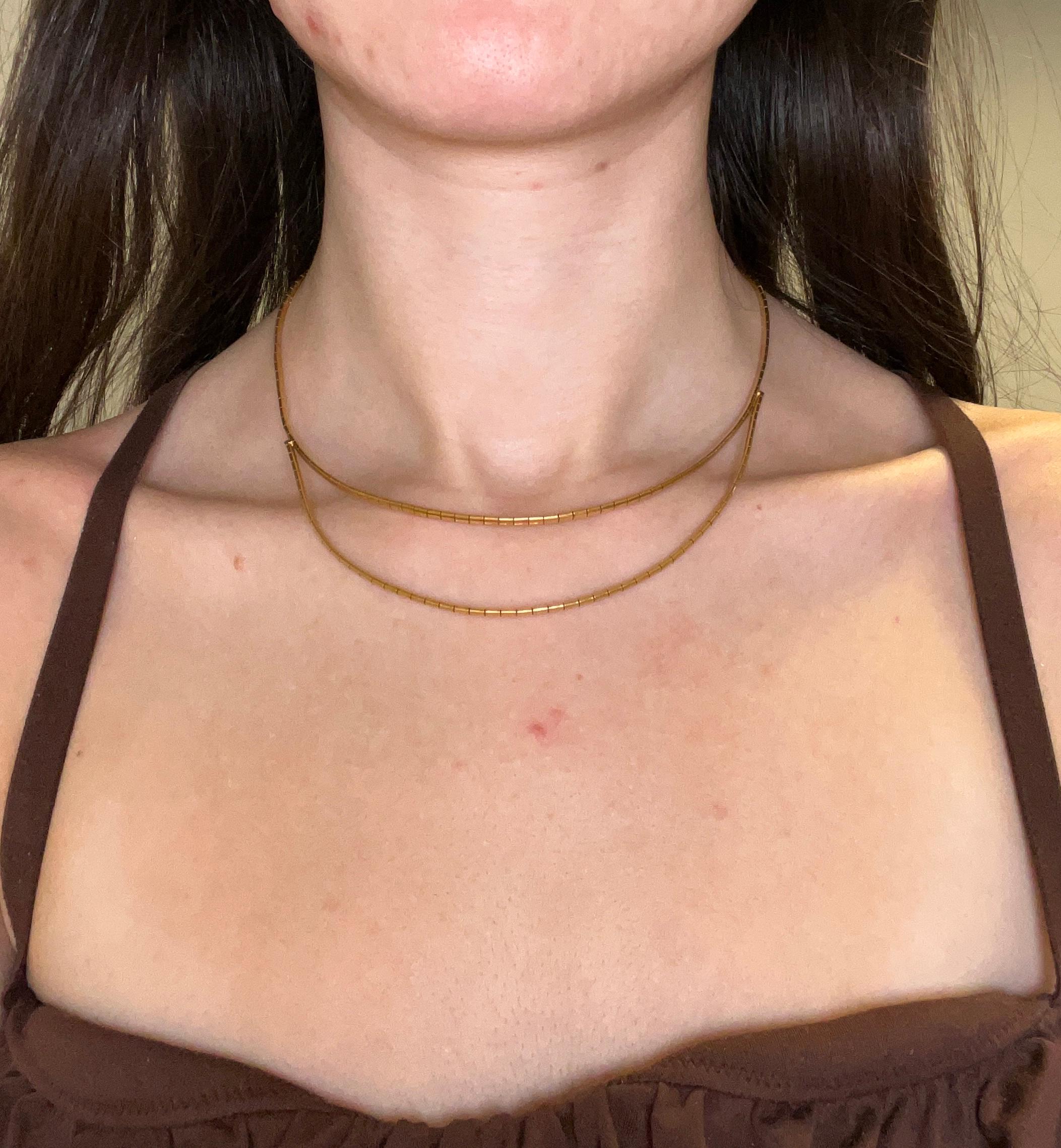 Women's Vintage 1980's 14k Yellow Gold Layered Omega Necklace For Sale