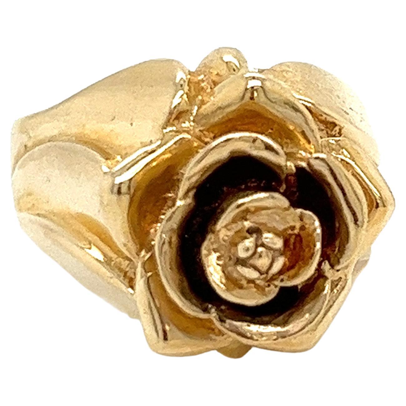 Vintage 1980's 14k Yellow Gold Rose Flower Statement Ring For Sale