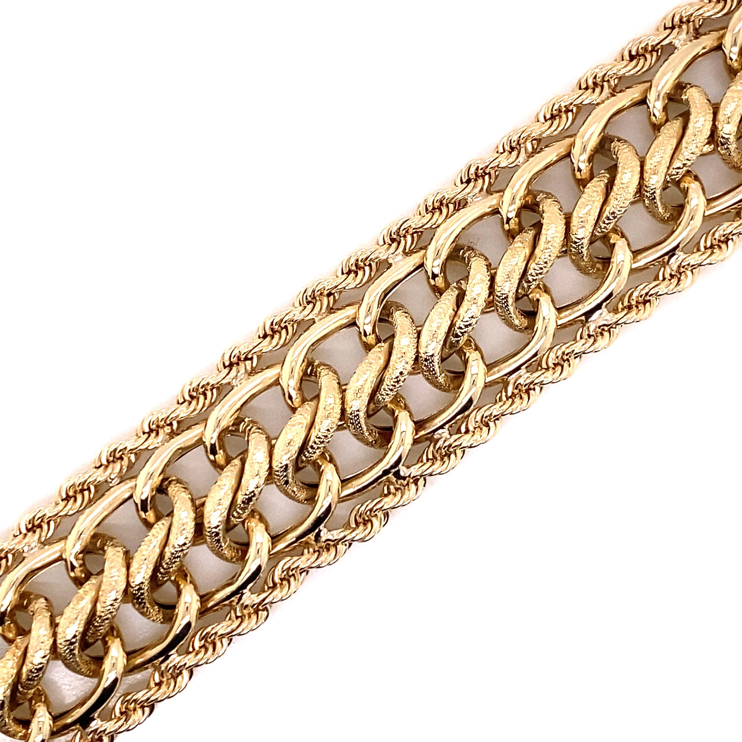 Modern Vintage 1980's 14k Yellow Gold Wide Link with Rope Edge Bracelet
