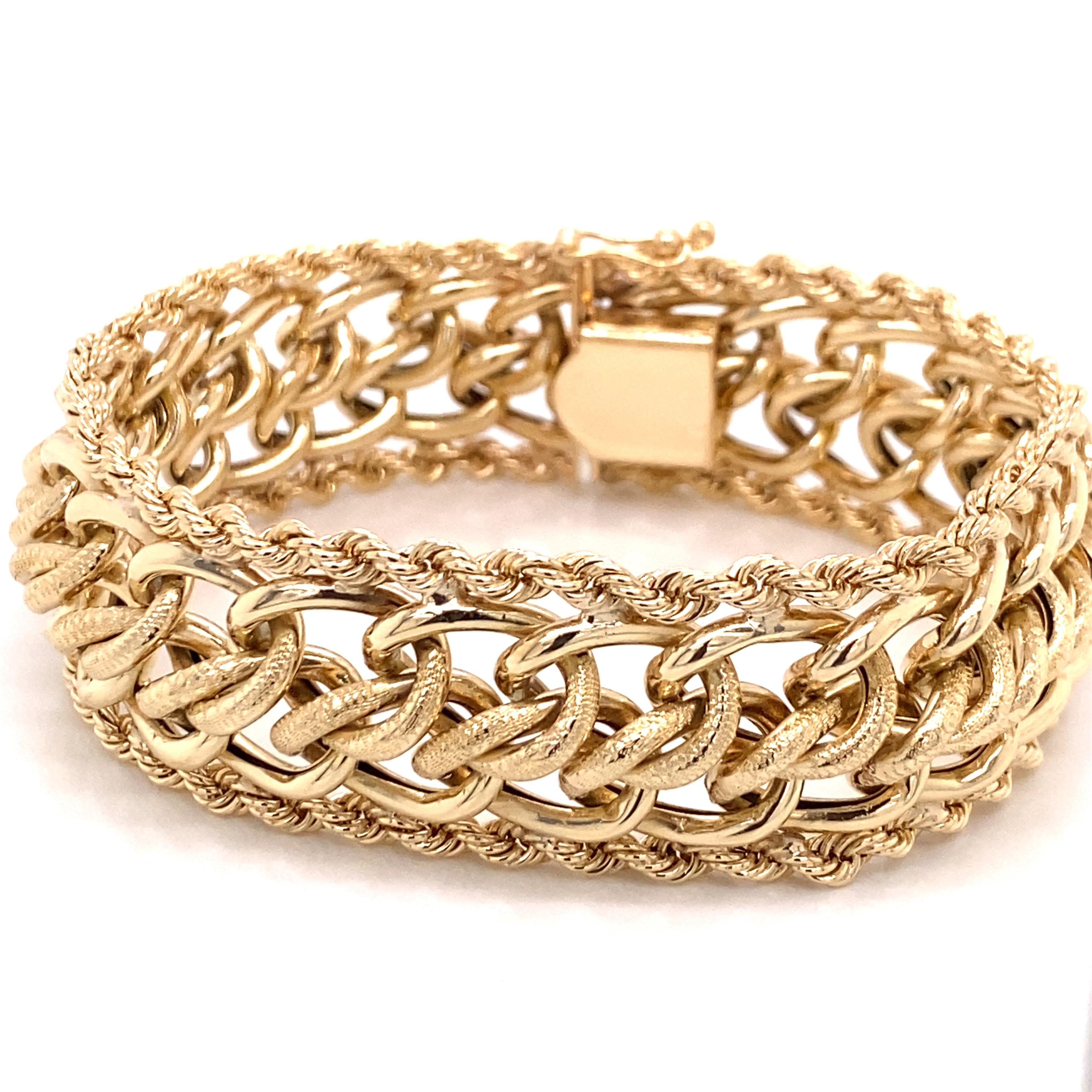 Women's Vintage 1980's 14k Yellow Gold Wide Link with Rope Edge Bracelet