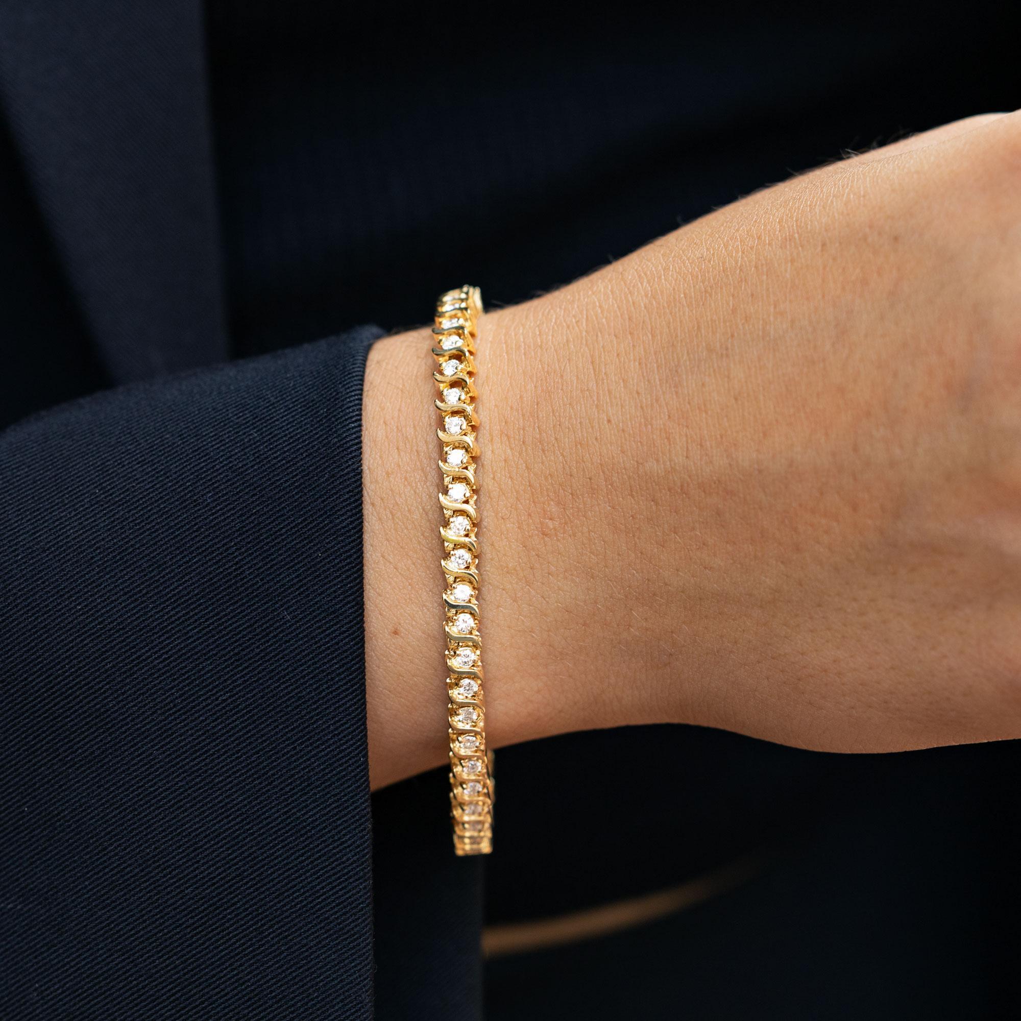 Brilliant Cut Vintage 1980s 1.50 Carats Diamond & 14k Yellow Gold S Link Tennis Bracelet