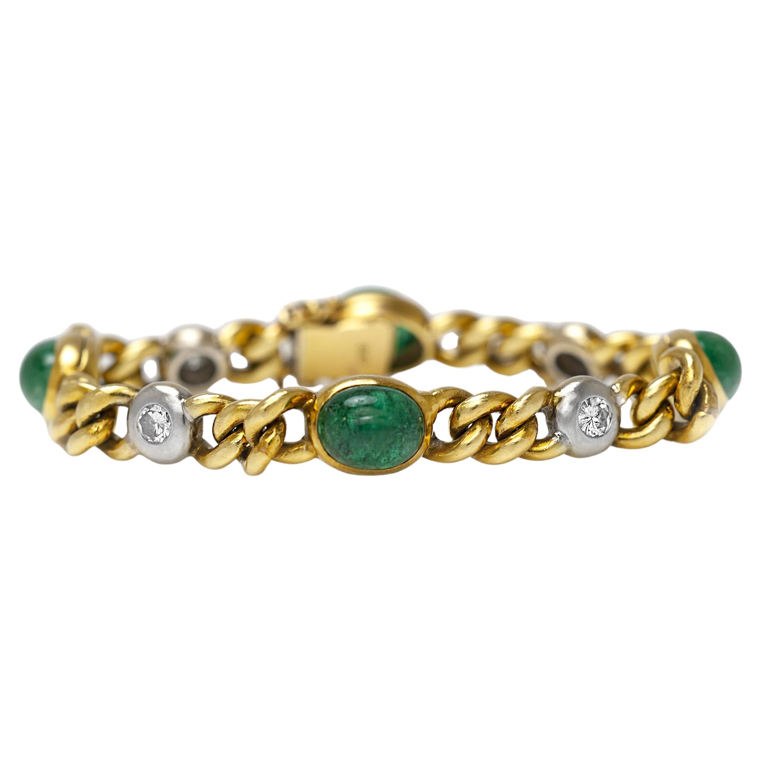 Vintage 1980s 15.00 Carat Cabochon Emeralds Gold Link Bracelet with Diamonds