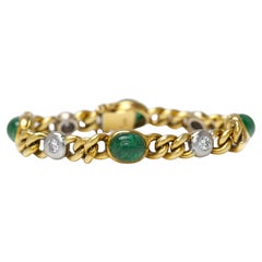 Vintage 1980s 15.00 Carat Cabochon Emeralds Gold Link Bracelet with Diamonds