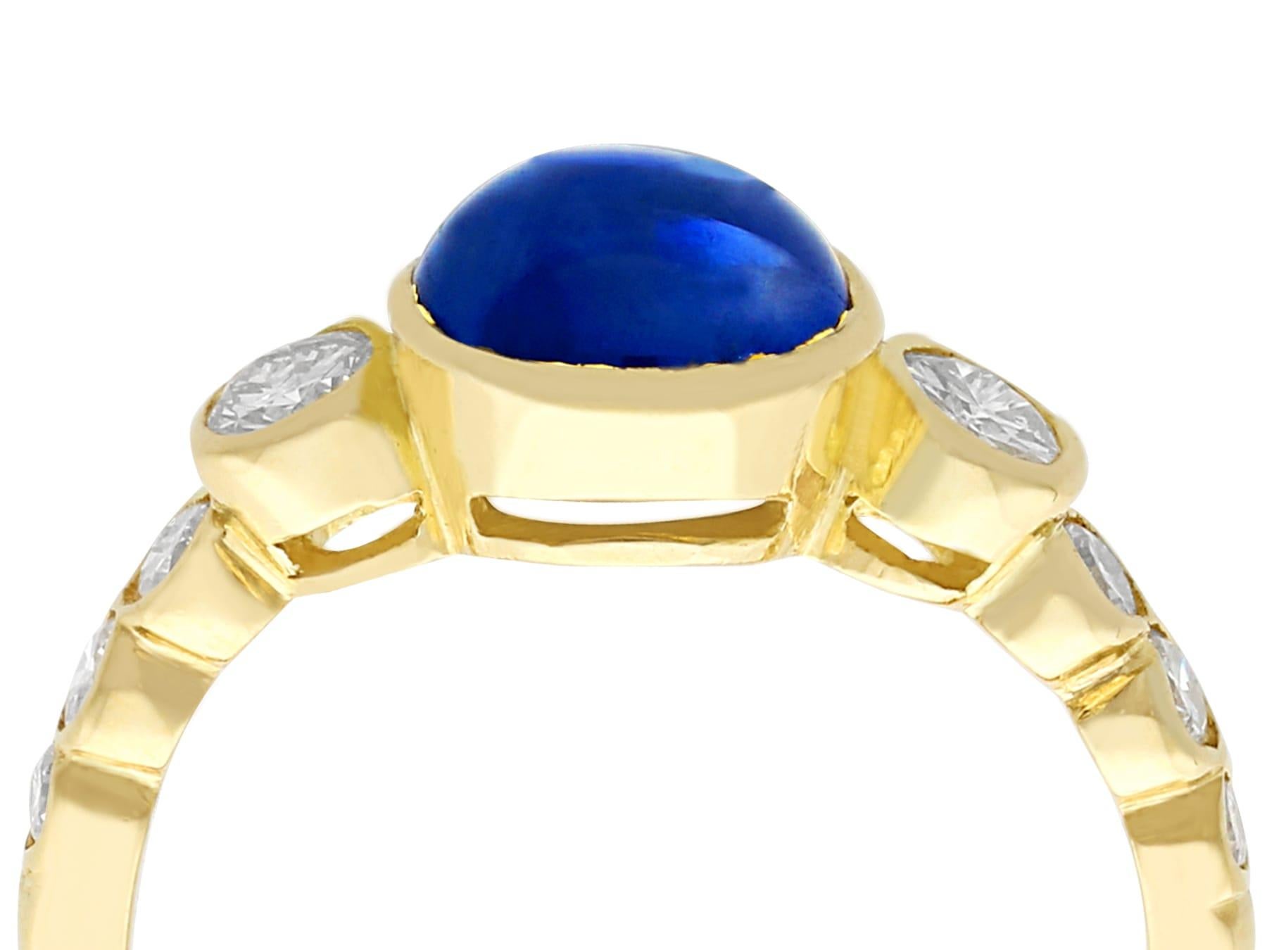 An impressive vintage 1.74 Ct sapphire and 0.57 Ct diamond, 18k yellow gold cocktail ring; part of our diverse antique jewelry and estate jewelry collections.

This fine and impressive sapphire cabochon cut ring with diamonds has been crafted in 18k