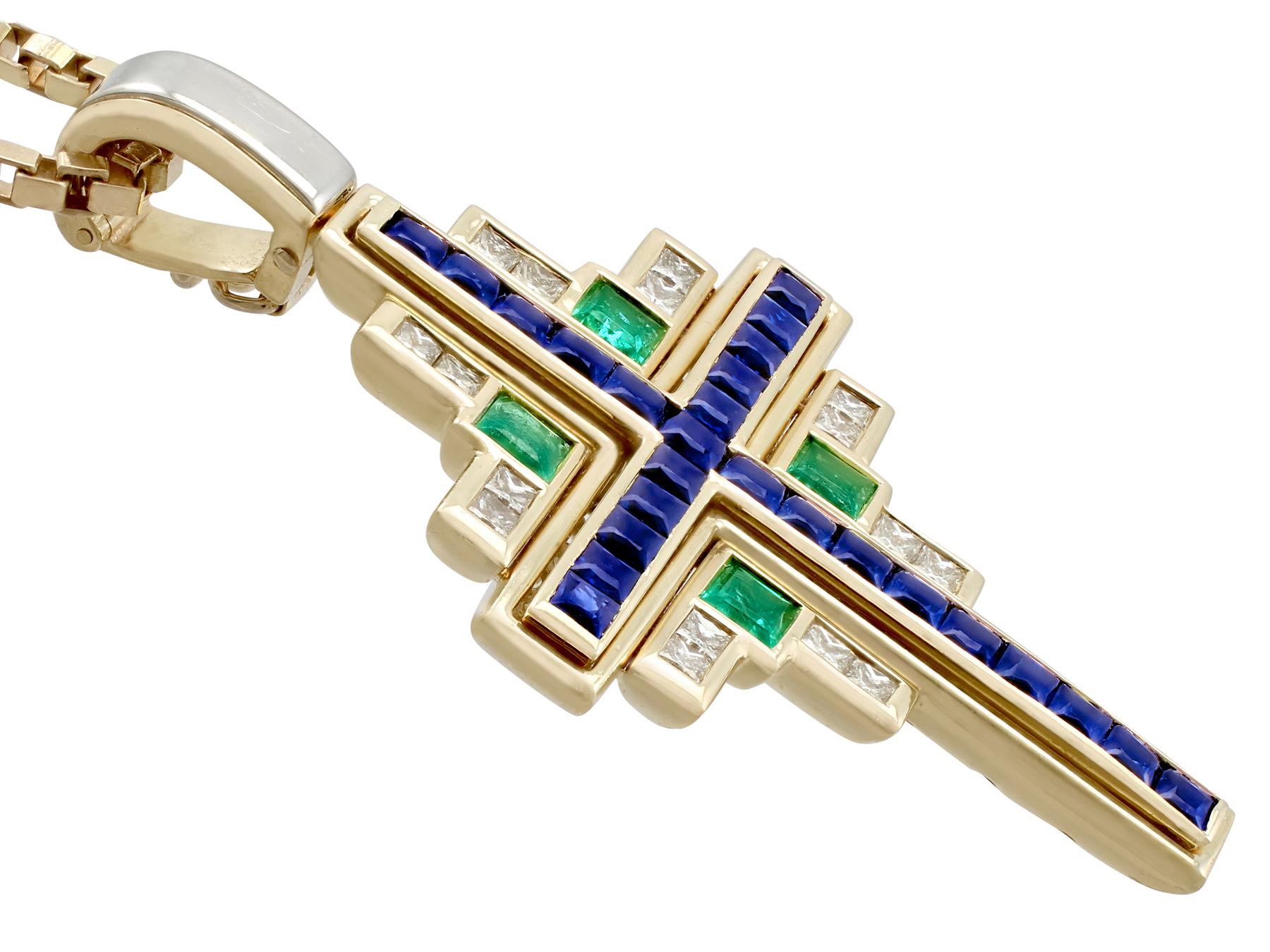 Princess Cut 1980s 1.75 Carat Sapphire 1 Carat Emerald and Diamond Yellow Gold Cross Pendant