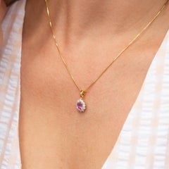 Vintage 1980s 18 Carat Gold Oval Pink Sapphire & Diamond Pendant & Fine Chain
