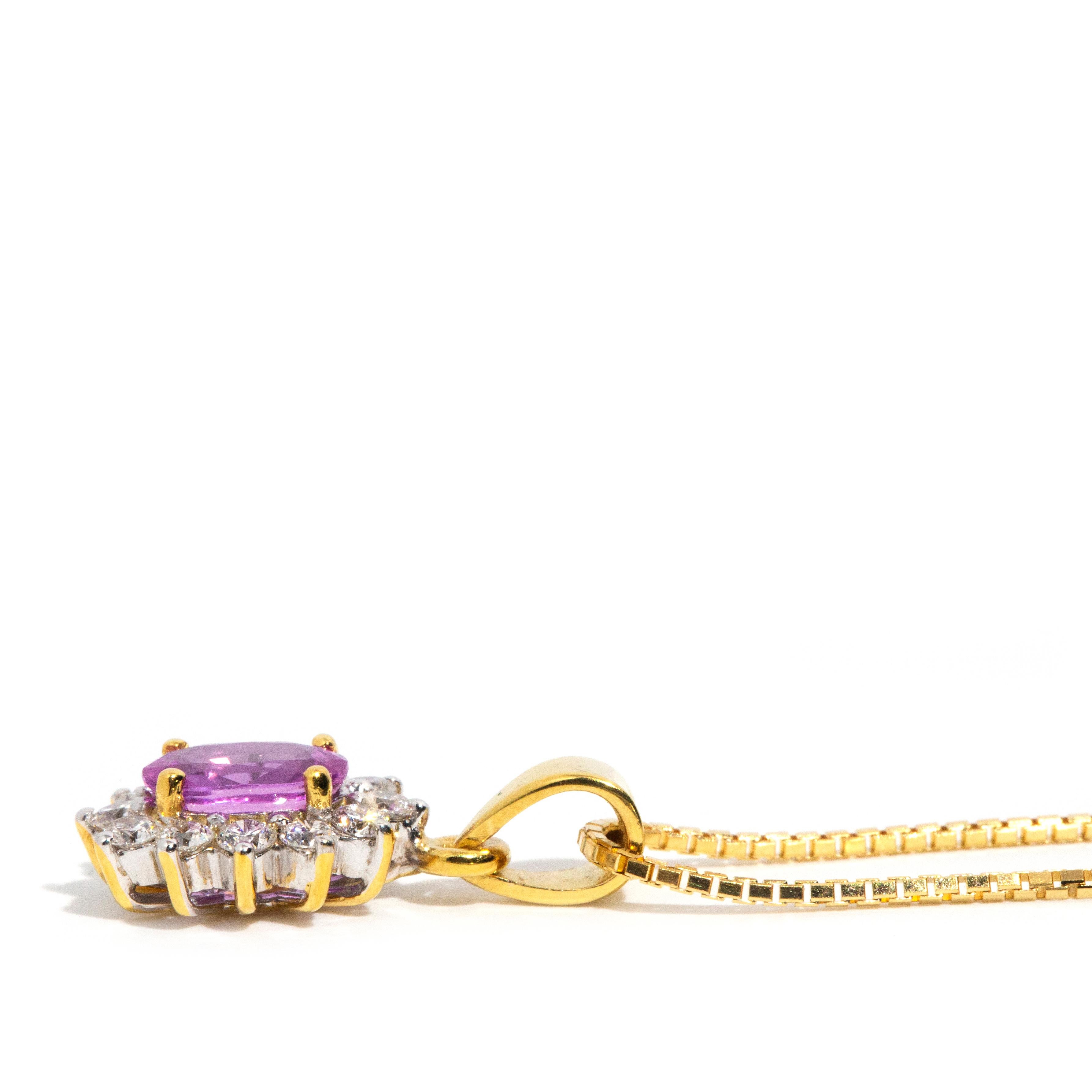 Vintage 1980s 18 Carat Gold Oval Pink Sapphire & Diamond Pendant & Fine Chain In Good Condition For Sale In Hamilton, AU