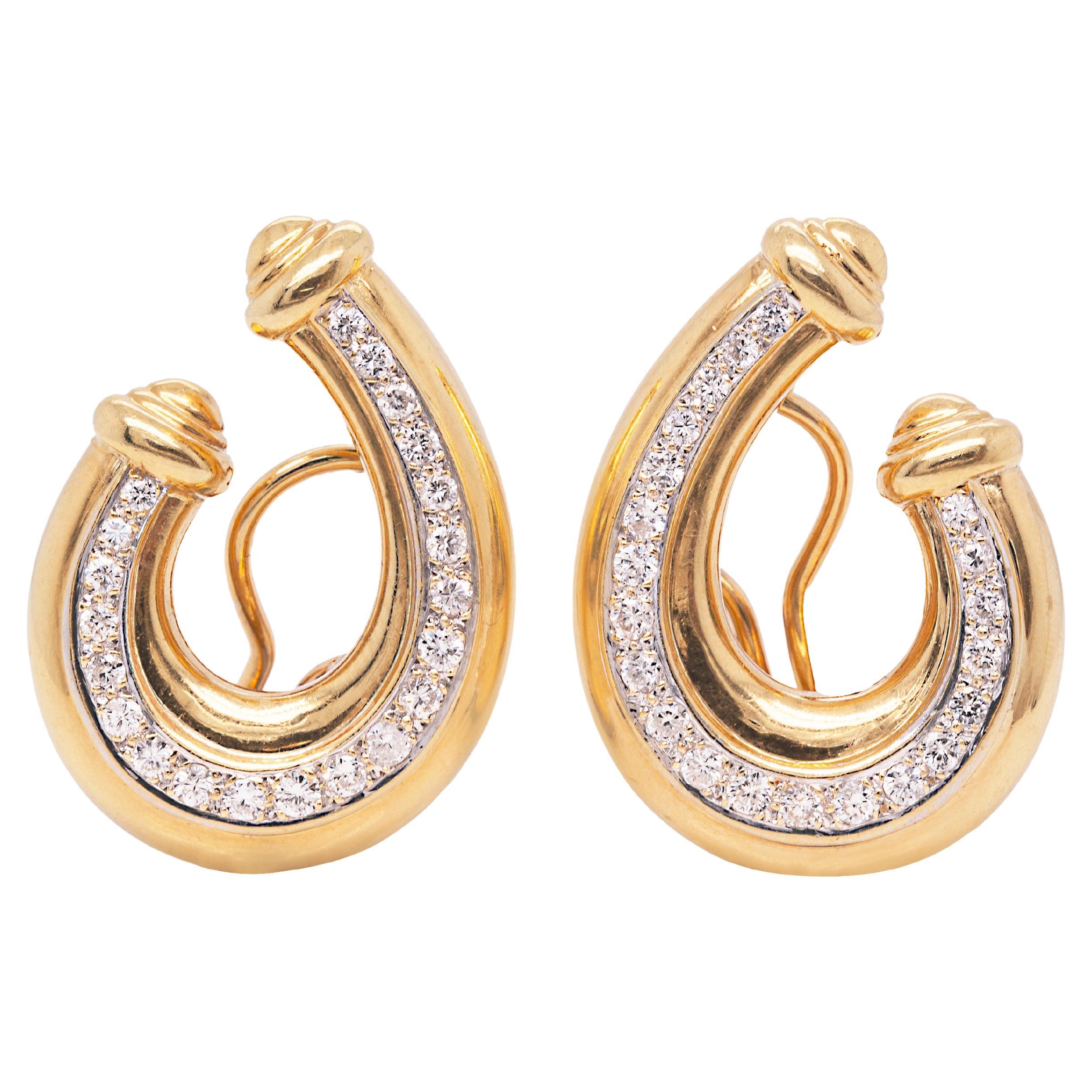 Vintage 1980's 18 Carat Yellow Gold and Diamond Curl Clip-on Earrings For Sale