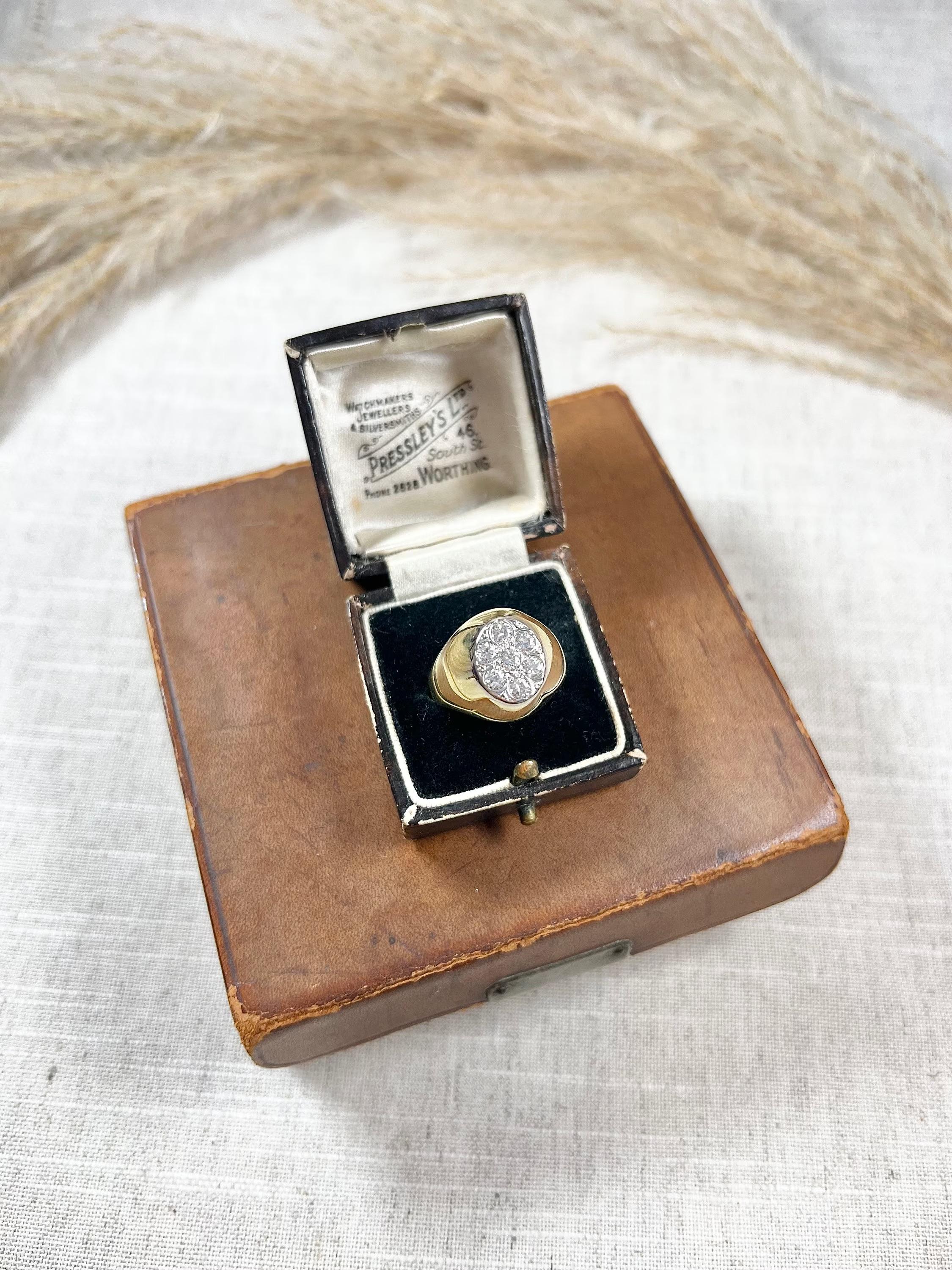 Old European Cut Vintage 1980’s 18ct Gold French Diamond Encrusted Oval Shaped Signet Ring For Sale