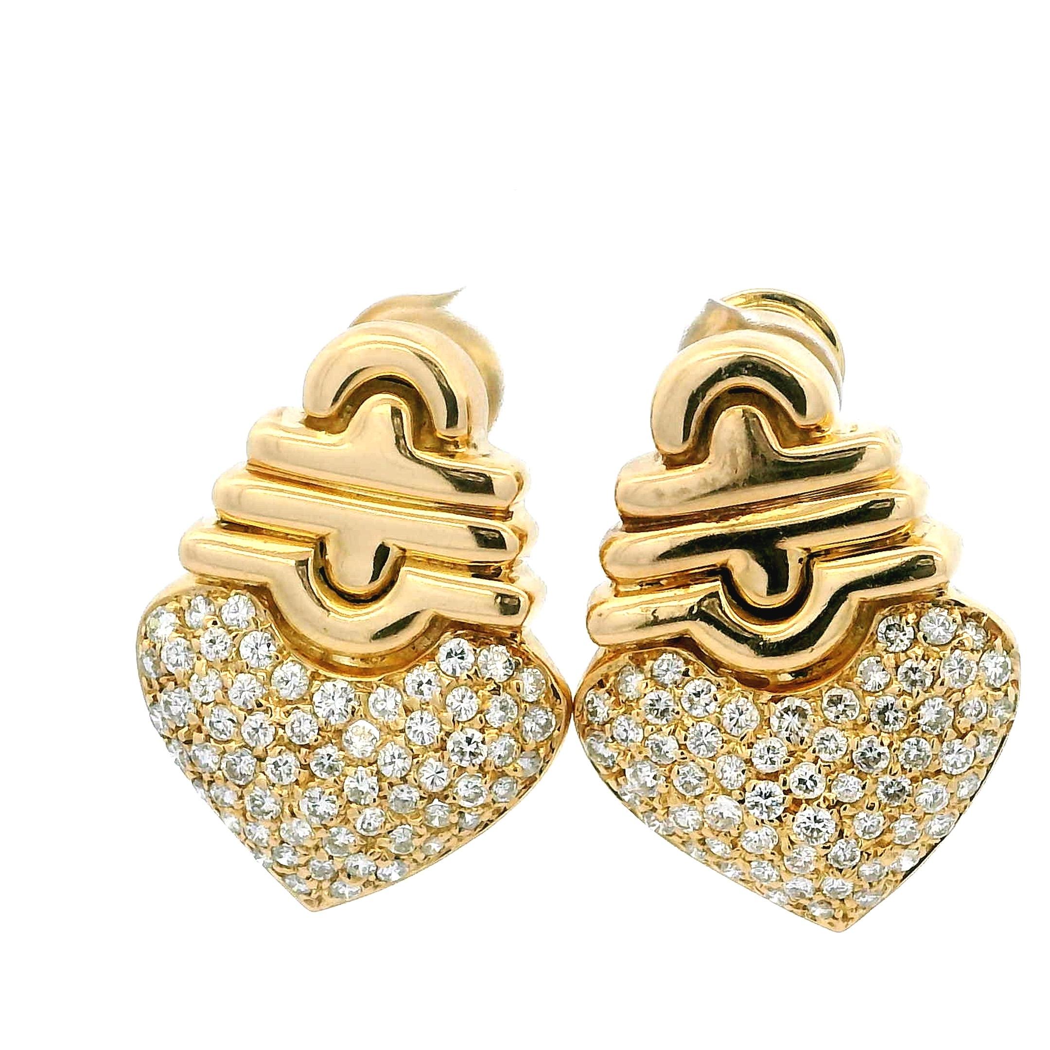 Vintage 1980s 18K Gold 3ct Diamond Pave Heart Earrings For Sale 2