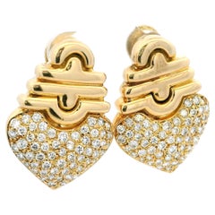 Orecchini a cuore con pavé di diamanti in oro 18 carati vintage degli anni '80
