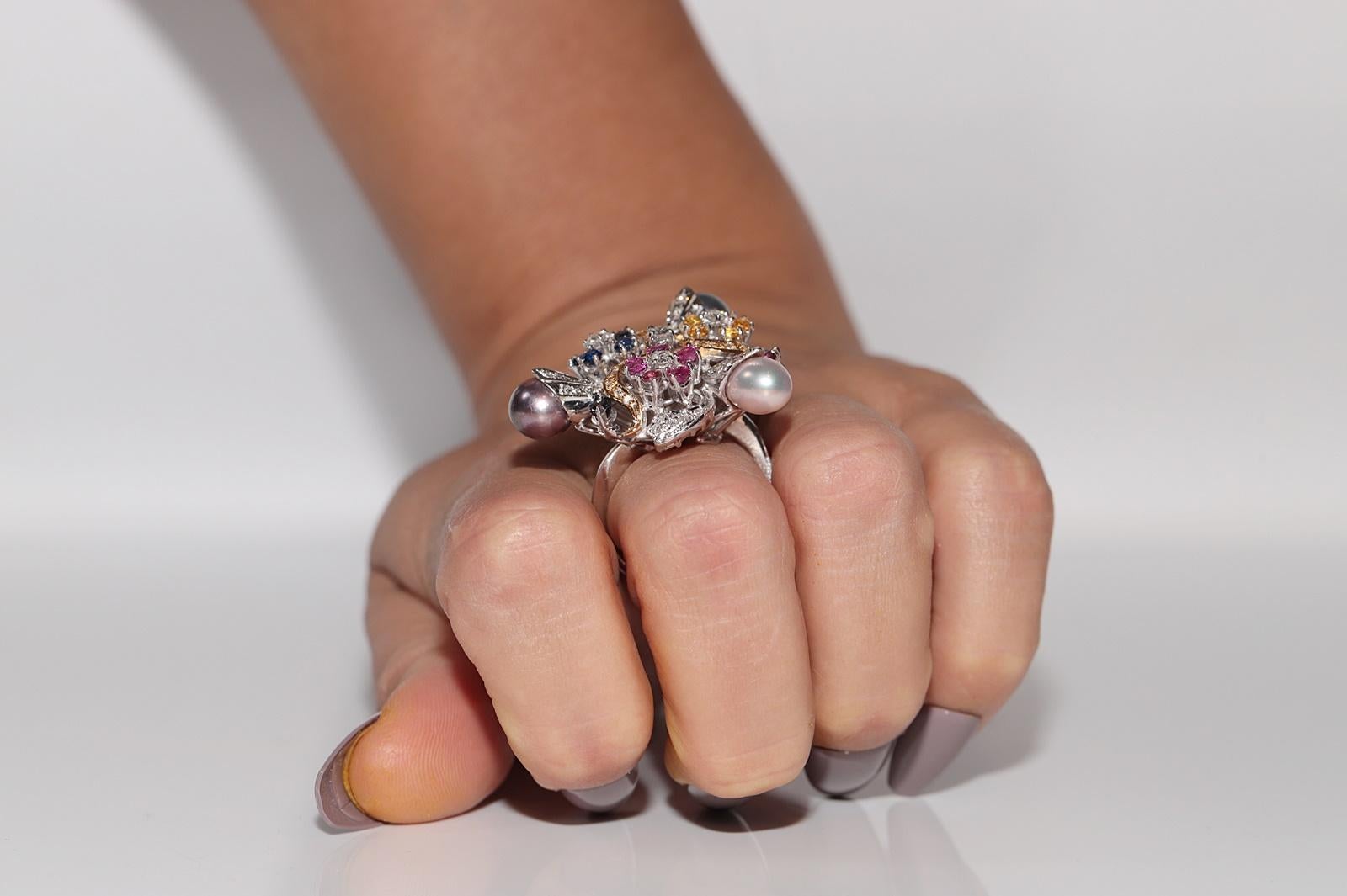 Vintage 1980s 18k Gold  Diamant Smaragd Rubin Saphir und Perle Starker Ring im Angebot 9