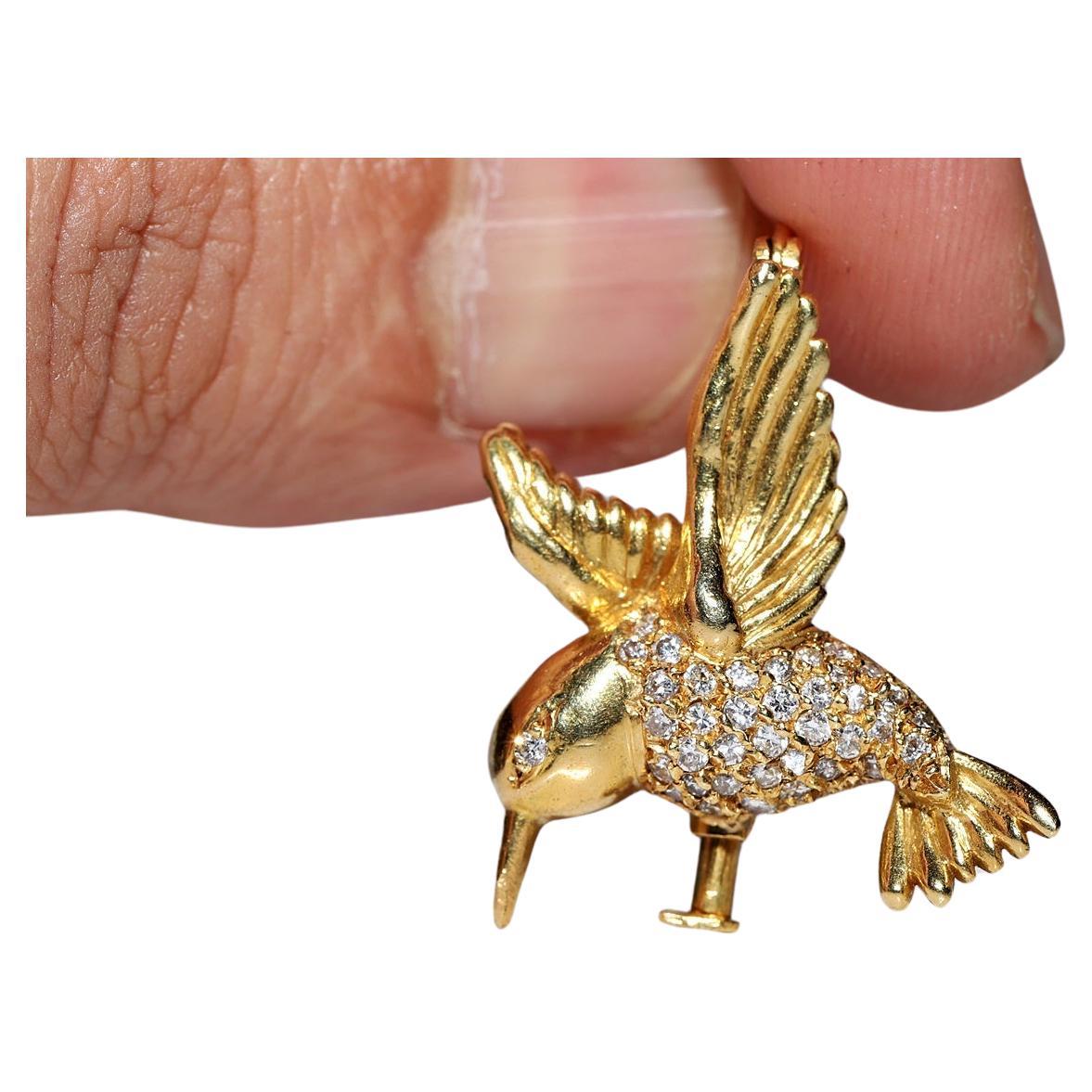 Vintage 1980s 18k Gold Natural Diamond Decorated Bird Brooch 