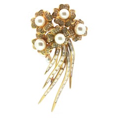 Vintage 1980s 18K Gold, Pearl, Diamond, and Baguette Diamond Floral Spray